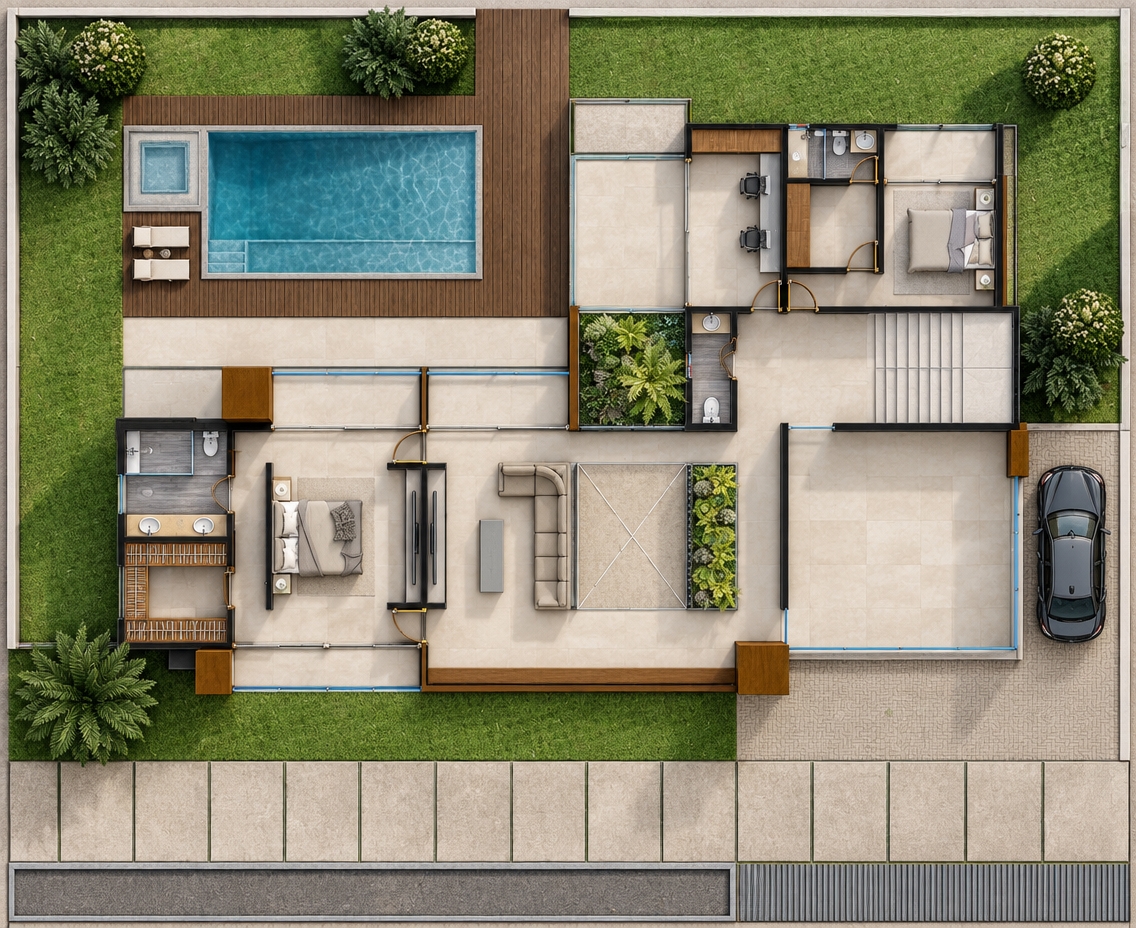 A crisp, top-down architectural photograph of the complete floor plan, illuminated by bright daylight casting soft, natural directional shadows. The interior living areas and bedrooms feature seamless light beige porcelain tile with gentle specular highlights, while bathrooms show gray wood-look plank flooring. The outdoor pool perimeter is finished in rich, dark timber decking beside clear, gently rippling water. Exterior walkways display textured dark beige pavers, and the surrounding green areas feature lush, photorealistic grass and detailed foliage casting realistic shade, faithfully preserving the exact layout and top-down perspective of the original plan.