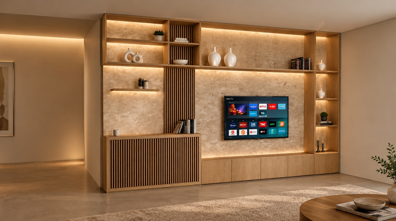 An incredibly lifelike, richly detailed, photorealistic interior shot of a sophisticated living room media wall set in a contemporary residence. The scene is illuminated by warm, concealed LED strip lighting tucked beneath every shelf, creating a serene, inviting atmosphere that accentuates the layered textures. Captured with a 35mm lens, the composition emphasizes the beautiful contrast between the natural, honey-toned light oak grain and the porous, honed finish of the beige travertine marble backdrop. 

The mid-century modern cabinetry exudes warmth and precision; the vertical timber slats provide a rhythmic, tactile element, perfectly balancing the smooth, monolithic look of the stone. Sleek shelves hold thoughtfully curated minimalist ceramics and books, while the television is mounted flush against the marble, appearing as a seamless integrated piece of technology. Soft, ambient light casts gentle shadows that highlight the depth of the woodwork and the rich, organic variations in the travertine, resulting in a space that feels both highly architectural and deeply comfortable.