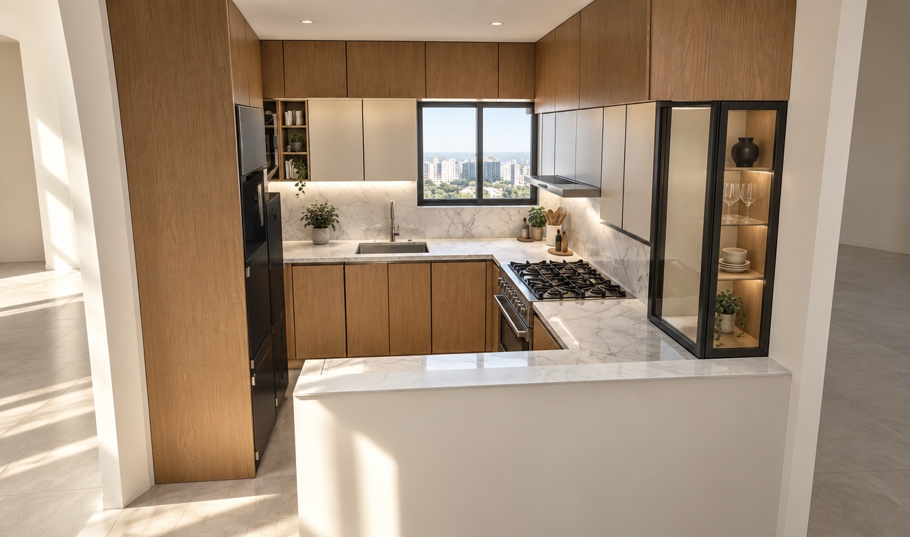 An incredibly lifelike, richly detailed, photorealistic eye-level interior photo of a compact, modern fusion kitchen set in a sun-drenched urban apartment. The scene is illuminated by the crisp, bright glow of midday summer light streaming through the rear window, creating an airy, dynamic atmosphere. Captured with a 35mm lens, emphasizing the high-contrast textures of warm, grain-rich oak cabinetry set against cool, veined white marble countertops and bold matte-black industrial accents.
The kitchen layout is a masterclass in modular efficiency, featuring sleek handle-less cupboards and an open-concept peninsula that bridges the cooking zone with the living area. A refined stainless steel faucet sparkles under the sunlight, while the professional-grade range stove is flanked by smooth, continuous surfaces. To the side, a glass-encased display cabinet adds a sophisticated touch, showcasing minimal, high-end decor. The space is softened by a touch of lush greenery perched near the window, balancing the geometric precision of the architecture. The composition is clean and intentional, highlighting the interplay between organic wooden warmth and urban industrial sharpness, creating a space that feels both highly functional and artistically curated.