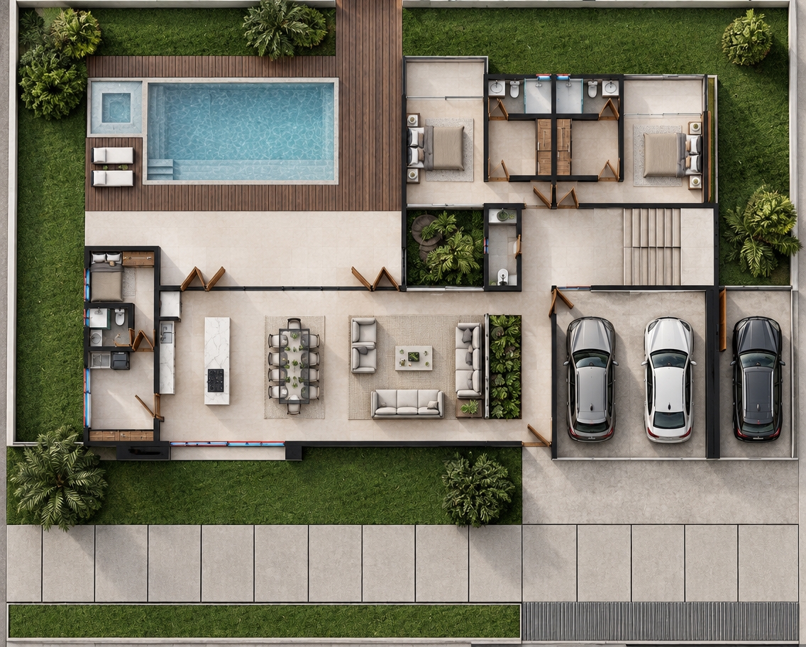 Photorealistic top-down orthographic architectural photograph of the complete house floor plan, illuminated by soft natural daylight casting subtle, realistic ambient shadows. The interior spaces feature clean, light beige porcelain tile floors, complemented by wood-toned gray floor tiles in the bathrooms and dark beige stone tiles along the exterior terrace. A rich, dark wood plank deck surrounds the clear, gently rippling pool water, while the garden zones display lush green grass and natural foliage textures. All interior and exterior doors are realistically swung open without graphic dashed arc lines, finished with crisp architectural materials, true-to-scale furniture, and glossy paint finishes on the parked vehicles.