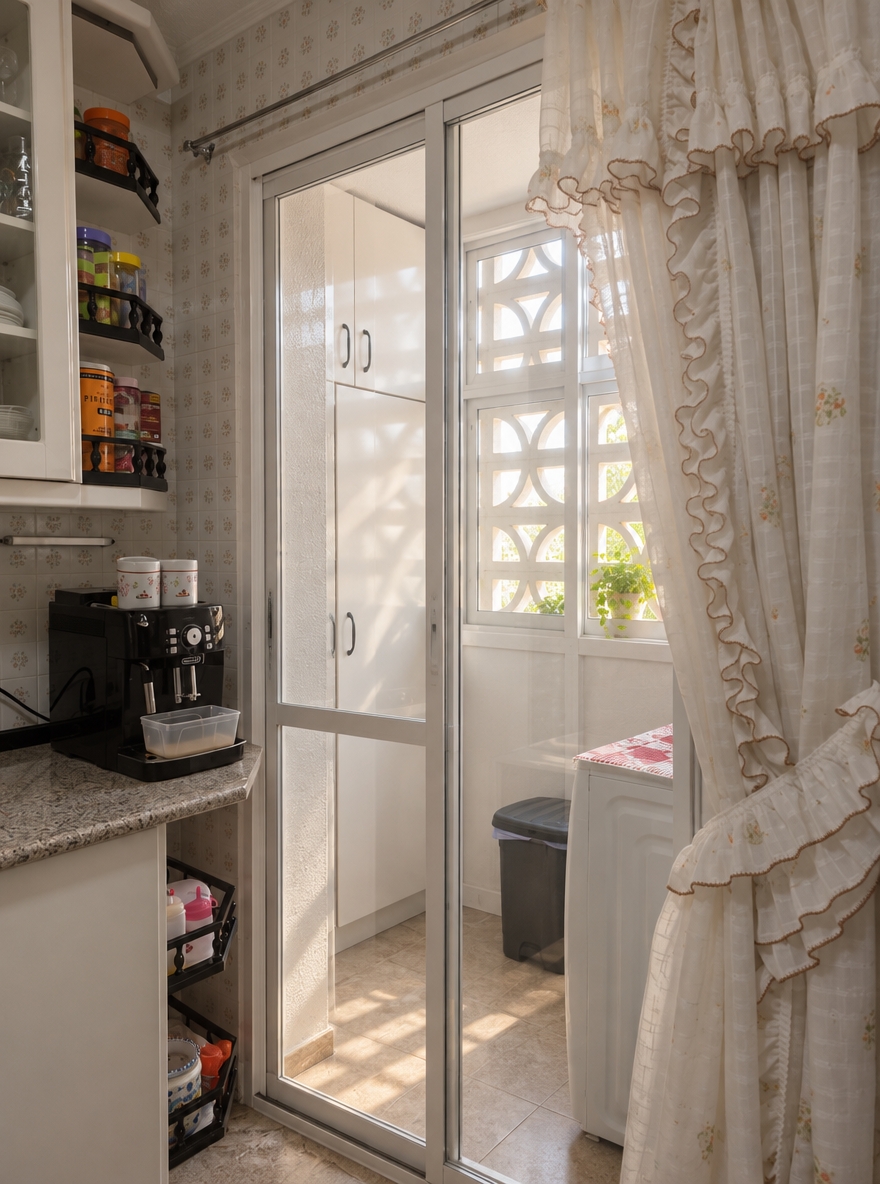 A photorealistic interior photograph of the kitchen doorway fitted with an elegant white-framed glass partition enclosing the terrace access, shot at eye level with a 35mm lens. Diffused natural daylight streams through the terrace lattice window and through the clear, subtly reflective glass panels of the new white enclosure, casting soft shadows across the tiled floor. The indoor kitchen area is naturally balanced with warm ambient light, accentuating realistic textures on the granite countertop, the black espresso machine, the ruffled curtain, and the matte white cabinetry. The scene features authentic photographic characteristics including subtle lens flare, natural optical depth, soft dynamic range, and slight micro-texture on walls and surfaces without artificial enhancement.
