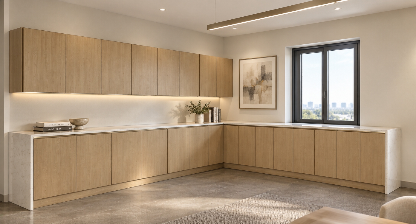 An incredibly lifelike, richly detailed, photorealistic wide-angle interior shot of a bespoke meeting room set in a high-end corporate suite. The scene is illuminated by soft, diffused morning light filtering through the window, creating a clean, airy, and sophisticated atmosphere. Captured with a 35mm wide-lens, emphasizing the seamless integration of warm oak cabinetry and cool, polished stone countertops.

The room exudes contemporary elegance, defined by the clean lines of the L-shaped storage console, which features a fine-grained light wood veneer contrasted against a luxurious, subtly veined pearl-white stone surface. On the adjacent wall, a piece of sophisticated, abstract wall art in shades of champagne and soft gray draws the eye, complemented by a curated selection of photography books placed artfully on the counter. The space is anchored by tailored upholstered furniture just out of frame, while slim, brushed-nickel accents provide a refined metallic edge. Overhead, a sculptural, minimalist pendant light casts gentle, balanced shadows, enhancing the depth and polished texture of the room’s surfaces, resulting in an environment that feels both professional and tranquil.