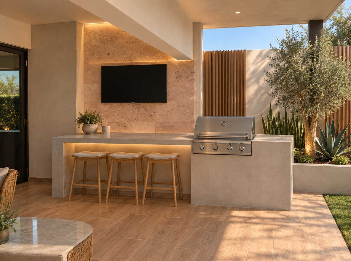 An incredibly lifelike, richly detailed, photorealistic wide-angle shot of a redesigned indoor-outdoor entertaining patio set in a serene, minimalist garden haven. The scene is illuminated by warm, diffused late-afternoon sunlight balanced with subtle under-counter LED strip lighting, creating an elegant and inviting atmosphere. Captured with a professional 35mm lens, emphasizing the soft, honed texture of pale pink *cantera rosa* stone, sleek microcement surfaces, and vibrant subtropical greenery. 

Replacing the cluttered standalone elements is a bespoke, monolithic outdoor kitchen bar topped with poured-concrete waterfall countertops that seamlessly house a flush-integrated stainless steel grill and a stylish breakfast bar with low-profile oak stools. The entertainment wall is elevated by a stunning accent panel of finely finished *cantera rosa* stone blocks with concealed cable management for the slim wall-mounted screen. Slatted architectural timber screens soften the perimeter, while a built-in recessed planter bed features sculptural snake plants, agave, and an ornamental olive tree set against immaculate green turf, framing the space with clean lines, organic warmth, and elevated minimalist luxury.