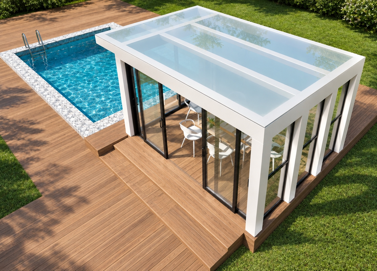 An incredibly lifelike, richly detailed, photorealistic high-angle architectural shot of a contemporary pool house set in a lush, manicured backyard. The scene is illuminated by the brilliant, crisp light of a summer midday, creating a bright, breezy, and minimalist haven. Captured with a 35mm lens, the image emphasizes the seamless contrast between the warm, textured teak decking and the cool, smooth finish of the matte white structural columns.
The pool house features expansive floor-to-ceiling glass sliding doors framed in sleek black aluminum, which reflect the cloudless blue sky and the sparkling, turquoise water of the adjacent mosaic-tiled pool. Through the glass, a refined dining set is visible, perfectly positioned to enjoy the tranquil garden view. The frosted-glass roof panels provide a soft, diffused glow to the interior space, blending modern geometry with the natural environment. The composition highlights a harmonious flow from the interior dining area out to the sun-drenched wooden terrace, with the camera angle capturing both the inviting depth of the pool and the elegant, airy simplicity of the pavilion’s design.