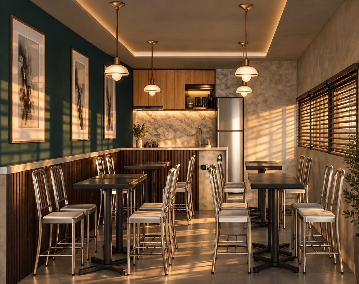 An incredibly lifelike, richly detailed, photorealistic interior shot of a sophisticated boutique restaurant set in an urban downtown environment. The scene is illuminated by the golden, honeyed glow of a sunset filtering through side blinds, creating a serene, minimalist haven. Captured with a wide-angle 24mm lens, emphasizing the crisp contrast between the deep teal feature wall and the warm, natural grain of the wooden cabinetry.

The composition highlights a perfect balance of form and function: sleek, black pedestal tables are paired with elegant, streamlined metal chairs, arranged in an uncluttered, rhythmic progression. The back bar area showcases a refined marble backsplash that catches the late afternoon light, while delicate pendant lights with polished gold fixtures hang like jewelry above the service counter. A sense of Zen-like calm permeates the space, bolstered by the interplay of monochromatic gray flooring and the soft, neutral plaster of the opposite wall, punctuated only by abstract art and the subtle presence of indoor greenery. The depth of field is shallow, drawing the eye toward the glowing kitchen nook, while the overall atmosphere remains warm, inviting, and impeccably curated.