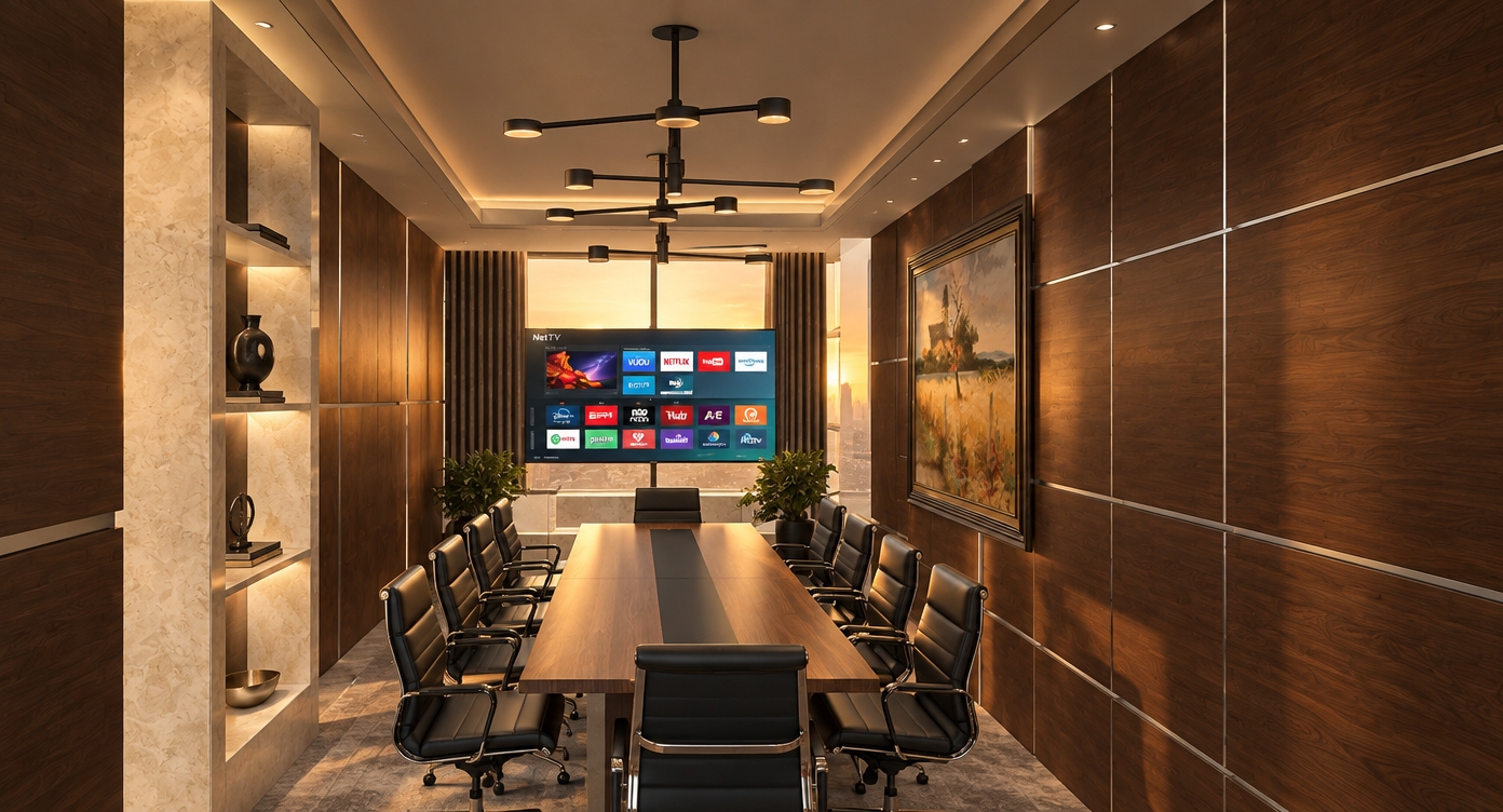 An incredibly lifelike, richly detailed, photorealistic interior shot of a sophisticated boardroom set in a contemporary executive suite. The scene is illuminated by the golden, honeyed glow of sunset streaming through the rear window wall, creating a warm, balanced, and serene atmosphere. Captured with a wide-angle 24mm lens to emphasize the clean lines and symmetry of the space, the rendering highlights the deep, rich grain of the dark walnut-paneled walls contrasted by the refined, cool tones of pearl and champagne-colored stone shelving. A minimalist, sculptural black chandelier hangs above the long meeting table, its metallic finish catching the dying light. The room is curated with understated elegance, featuring tailored black leather executive chairs, a framed abstract landscape on the side wall, and soft ambient shadows that ground the polished, reflective surfaces. Every detail, from the slim metal reveals between the wood panels to the warm, soft-gray textures of the floor, contributes to a highly refined, professional, and tranquil environment.