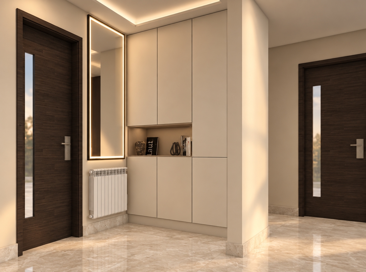 render and enhance my entrance storage cabinet 3d model make it photorealistic preserving the design structure and colors ,add waarm lighting and cosy vibes do not add led the the cabinet keep it simple minimalist and clean pure art . the frame on top the radiator is a mirror with led