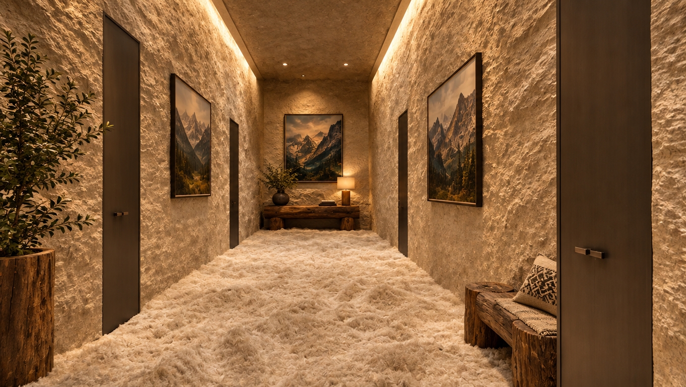 An incredibly lifelike, richly detailed, photorealistic wide-angle interior photo of a secluded hotel lobby designed as a luxurious mountain escape. The scene is illuminated by soft, recessed warm ambient lighting that cascades down from the cove ceiling, highlighting the rugged texture of the sand-toned stone walls and creating a serene, meditative atmosphere. Captured with a 24mm wide-angle lens, the composition emphasizes the rhythmic placement of sleek, minimalist floor-to-ceiling doors that contrast beautifully against the rough, organic materiality of the architecture. The floor is covered in a plush, high-pile textured carpet that mimics the undulations of a snow-covered alpine landscape in shades of warm neutral beige, evoking the feeling of a cabin-inspired sanctuary. Deep, saturated gallery-style wall art depicting jagged mountain ranges in hues of forest green and earthy brown hangs along the corridor, grounding the space in its natural context. Sturdy, handcrafted log-hewn furniture sits near the periphery, complemented by lush indoor plants that breathe life into the room, while the interplay of light and shadow across the uneven, textured surfaces creates a sense of depth and tactile comfort, perfectly capturing the essence of an upscale, rustic, and inviting high-altitude retreat.