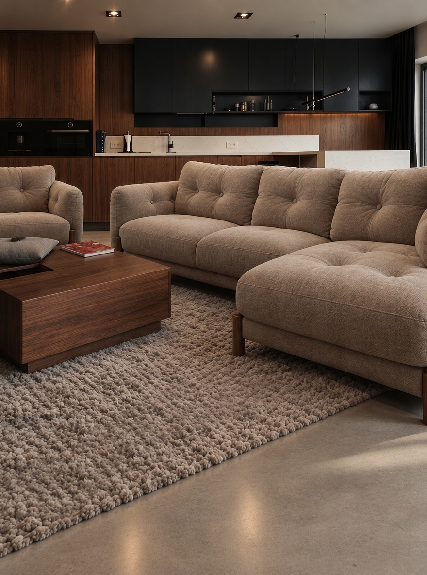 An incredibly lifelike, richly detailed, photorealistic eye-level architectural interior shot of an open-plan contemporary living room set in a sophisticated minimalist residence. The scene is illuminated by soft, filtered natural midday daylight gently balanced with recessed 2700K warm downlights, creating an intimate, moody, and serene low-key luxury atmosphere. Captured with a full-frame architectural camera and a 35mm tilt-shift lens, emphasizing the heavy woven texture of the textile, the organic pore structure of the timber, and the smooth aggregate finish of the floor. The existing sectional sofa retains its precise footprint, layout, and position, elevated with generously padded, softly rounded backrest and seat cushions upholstered in a tactile warm-beige woven textile, articulated by tailored button tufting, radial fabric compression lines, and handcrafted seam details that echo the adjacent armchair. Anchoring the lounge is a plush, high-pile wool loop rug beneath a monolithic dark walnut coffee table, leading gracefully toward seamless full-height American black walnut cabinetry and kitchen millwork finished in an ultra-matte satin lacquer. Grounding the locked architectural composition is a seamless light warm-grey polished concrete floor, catching soft, broad reflections from the ambient light while perfectly preserving the space's spatial harmony and editorial balance.