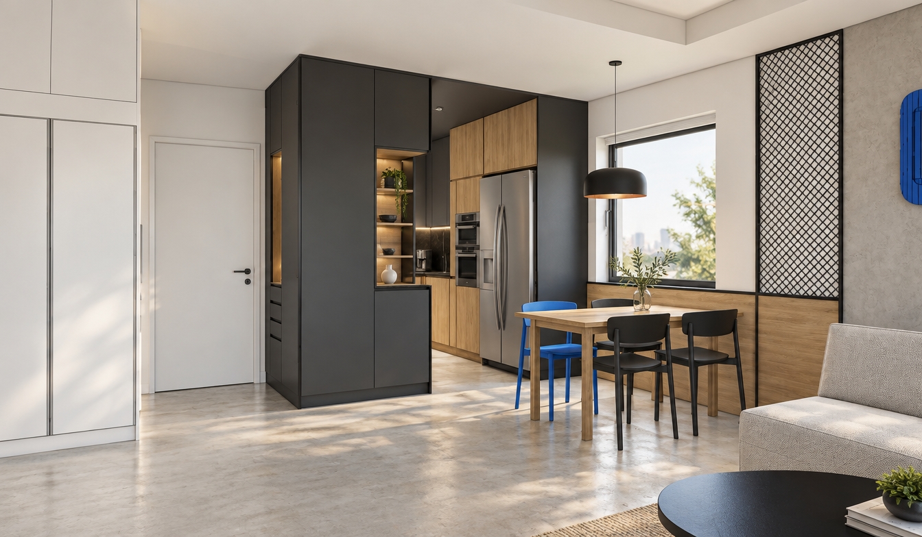 A crisp architectural photograph capturing the exact interior in soft, bright daylight streaming through the window. The charcoal cabinetry features a smooth matte finish, balanced by realistic warm oak wood grain on the kitchen cabinets, wall paneling, and dining table. The stainless steel appliances show subtle brushed metallic reflections, while the seamless light concrete floor exhibits gentle diffuse highlights and realistic contact shadows. Accurately render the dining set with its matte black and vivid cobalt blue chairs under balanced exposure, maintaining clean geometry, sharp interior focus, and natural material textures throughout the open space.