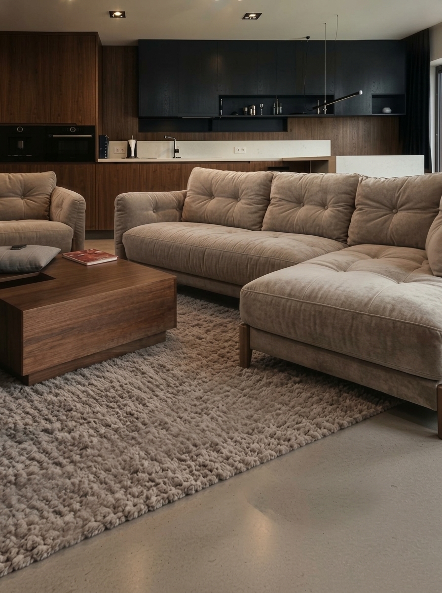 Modify the sofa and armchair upholstery to feature a soft, plush, near-velour textured fabric with subtle nap, natural fabric sheen, and tactile softness. Maintain the exact original architecture, composition, perspective, camera angle, furniture placement, coffee table, kitchen cabinetry, rug, and lighting unchanged, enhancing only the photographic realism and tactile material quality of the seating upholstery.