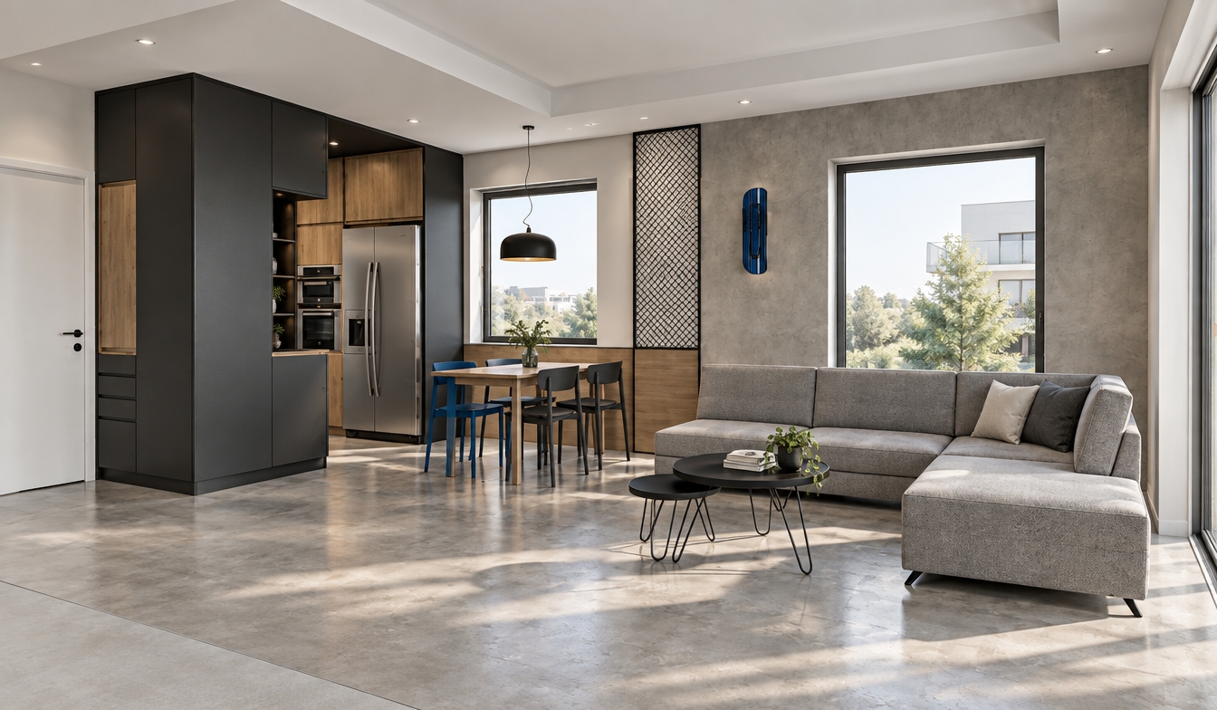 A professional architectural photograph of the modern open-concept interior, illuminated by soft, natural daylight streaming through the large windows. The scene preserves the exact layout, geometry, and materials from the view: matte charcoal cabinetry, warm natural wood grain panels, tactile woven grey fabric on the sectional sofa, and sleek brushed stainless steel on the refrigerator and ovens. Balanced daylight creates realistic soft shadows and gentle specular reflections across the polished concrete floor, matte grey accent wall, and black nested coffee tables, captured through a crisp wide-angle architectural lens with rich, photorealistic micro-textures.