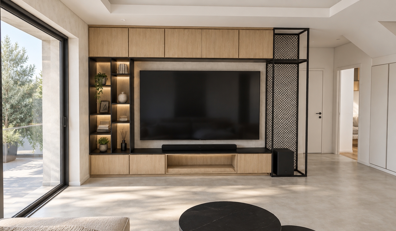 A clean architectural interior photograph captured with a wide-angle lens, precisely preserving the geometry, layout, and composition of the modern media wall. Soft, natural daylight streams through the large sliding glass door on the left, casting gentle directional shadows across the seamless light microcement floor. The custom cabinetry features tactile, matte light oak wood grain on the upper and lower doors, contrasted with powder-coated matte black steel framework and industrial metal mesh. The television display reflects subtle, soft ambient light, while neutral daytime illumination fills the room, highlighting clean plaster wall finishes, crisp edge details, and natural material textures with balanced exposure and realistic dynamic range.