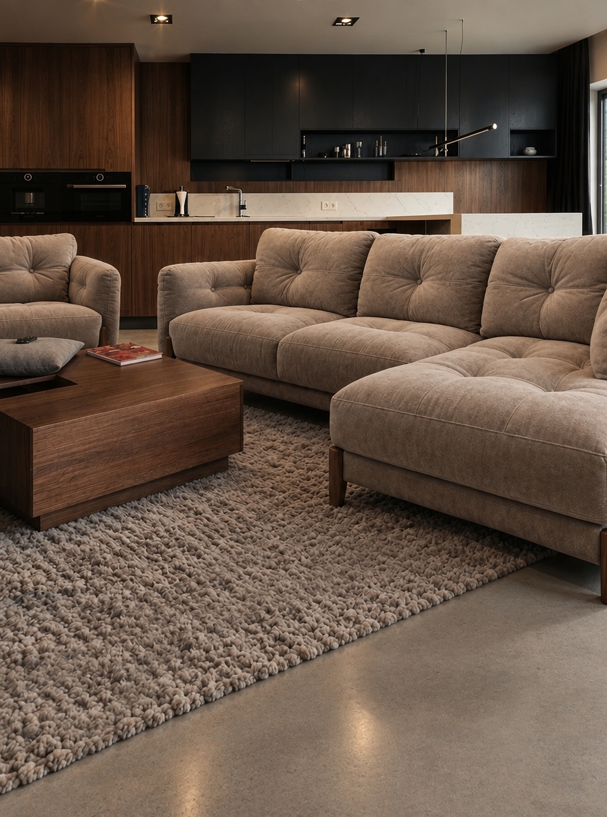 An incredibly lifelike, richly detailed, photorealistic medium-angle architectural interior photograph of an open-concept mid-century modern living room and kitchen set in an upscale minimalist residence. The scene is illuminated by soft, natural summer midday daylight filtering through expansive side windows complemented by warm 2800K recessed directional downlights, creating an intimate, serene, and sophisticated dark-luxury atmosphere. Captured with a professional full-frame camera and a 35mm architectural tilt-shift lens at f/8, emphasizing the tactile micro-textures of plush velour-soft upholstery, open-pore dark American walnut grain, and silky polished concrete.

The composition anchors around a generously proportioned sectional sofa and matching armchair, reimagined in an ultra-tactile, warm biscuit-beige fabric that blends the softness of fine velvet with the structural integrity of heavy woven linen. Each cushion features sculptural, pillowy contours indented with handcrafted fabric-covered button tufting, producing gentle radial compression creases and natural gravitational folds. Beneath the seating, an expansive, heavily textured looped-wool rug in muted taupe provides cozy acoustic and visual warmth, contrasting against the seamless, light warm-grey polished concrete floor finished in a refined satin sheen. In the background, continuous full-height cabinetry crafted from book-matched American Black Walnut is balanced by matte-black overhead joinery, low-profile white engineered stone countertops, and subtle under-cabinet ambient illumination, resulting in a harmonious, impeccably proportioned living space defined by quiet elegance and sensory richness.