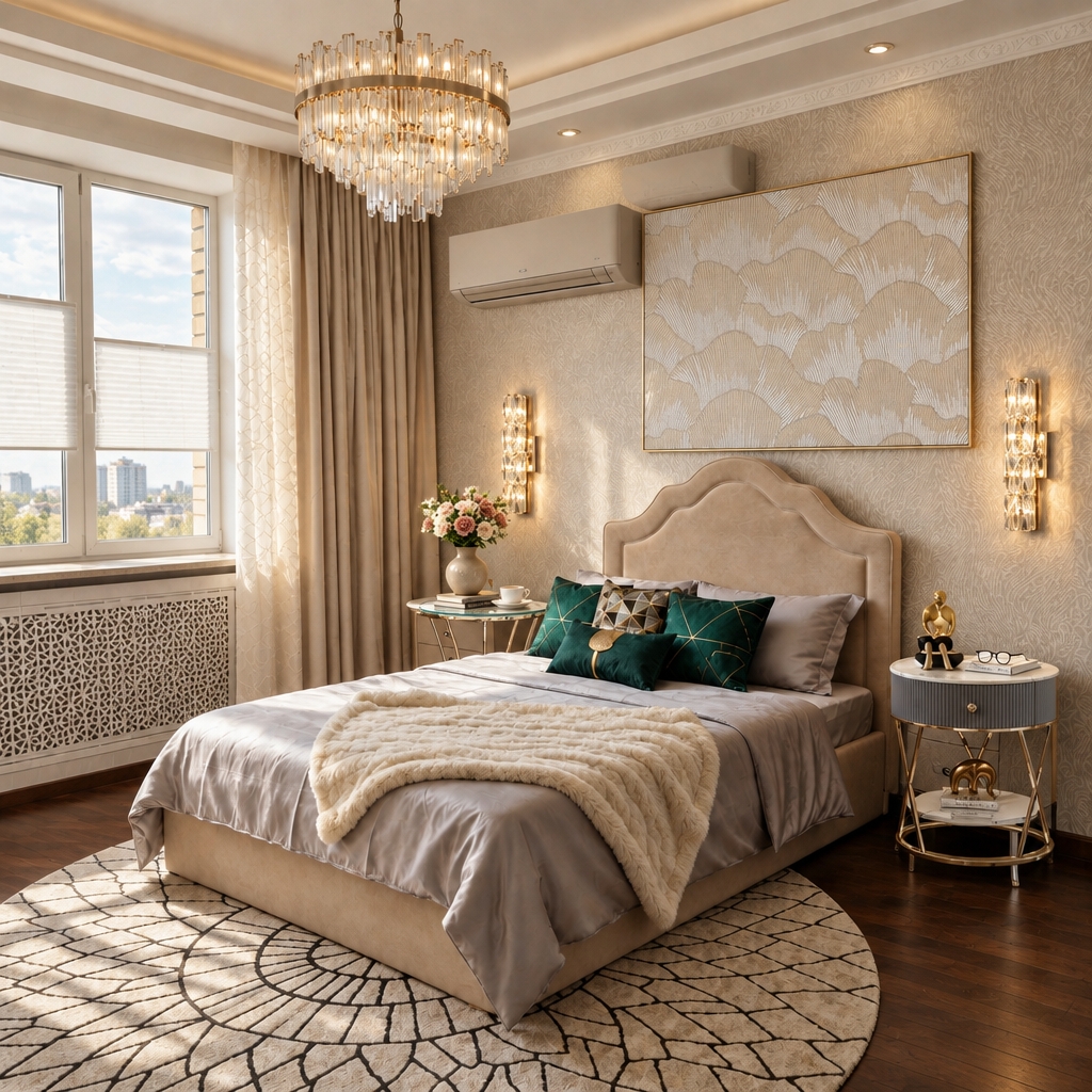 A professional architectural photograph capturing this exact bedroom layout, seamlessly integrating all furniture, wall art, and light fixtures with physically accurate lighting and materials. Soft natural daylight floods in from the large window on the left, balanced by the warm, refractive glow of the crystal wall sconces and matching chandelier, casting realistic ambient occlusion and soft contact shadows. The textured beige wallpaper, plush velvet headboard, lustrous silky bed linens, and woven circular rug display tangible micro-textures and tactile authenticity. Captured with a 35mm lens at f/5.6, the shot features sharp details throughout, balanced neutral-warm color grading, faint lens bloom from the light fixtures, and subtle natural film grain for a cohesive, photorealistic finish.