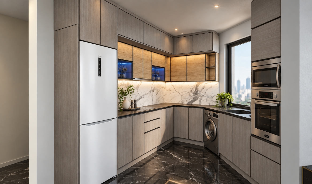 An incredibly lifelike, richly detailed, photorealistic wide-angle interior shot of a sophisticated modern fusion kitchen set in an urban high-rise apartment. The scene is illuminated by crisp, natural morning light filtering through the side window, creating a serene and airy atmosphere that highlights the interplay of textures. Captured with a 24mm wide-angle lens, the image emphasizes the sleek, modular cabinetry finished in a sophisticated driftwood-grey veneer, elegantly balanced by warm light-oak accents and bold, minimalist black hardware. The central focal point is a stunning Calacatta marble backsplash, its dramatic charcoal veining mirroring the deep, polished black marble flooring that grounds the space. A high-end stainless steel appliance suite—including a pristine white refrigerator, a sleek built-in wall oven, and an integrated washer—adds an industrial-inspired edge, while subtle, vibrant blue accents from backlit glass-front cabinets provide a dynamic pop of color. The minimalist composition is accented by a single sculptural ceramic vase and a touch of lush, cascading greenery near the window, which softens the geometric lines of the cabinetry. Every surface, from the matte black countertops to the reflective metallic surfaces, is captured with impeccable clarity, showcasing a contemporary open-concept design that feels both highly functional and artistically refined.