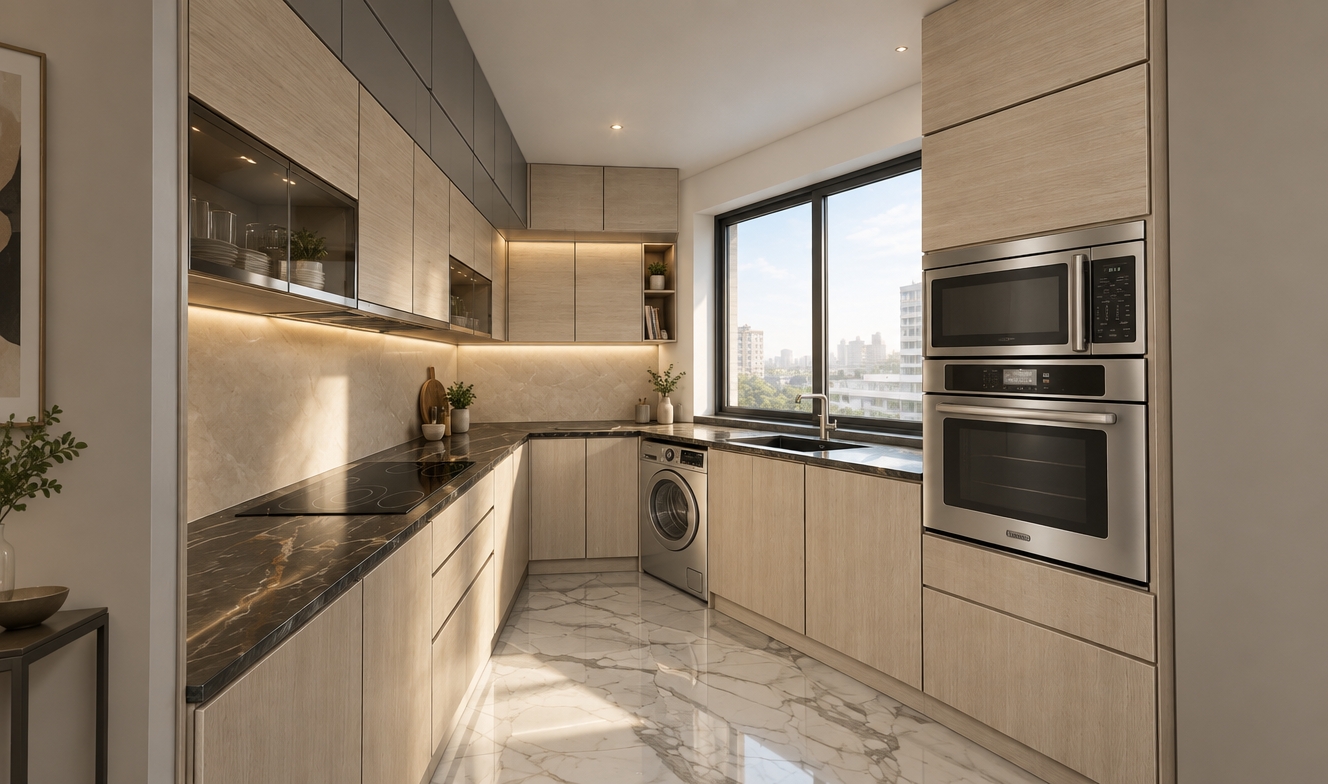 An incredibly lifelike, richly detailed, photorealistic interior shot of a contemporary galley kitchen set in a high-end urban apartment. The scene is illuminated by soft, natural morning light filtering through the window, creating a serene and airy atmosphere. Captured with a 24mm wide-angle lens, emphasizing the fine grain of the light oak cabinetry and the intricate, deep-veining of the polished charcoal marble countertops.
The kitchen exudes contemporary elegance, defined by a sophisticated palette of warm whites, soft grays, and subtle champagne-toned hardware. The cabinetry features a seamless, clean-lined design, blending vertical light wood textures with sleek, matte-gray panels. A high-end integrated stainless steel oven and microwave tower anchor the right side, while a minimalist black induction cooktop sits flush against the dark, luxurious stone surface. The floor is clad in large-format Calacatta marble tiles, reflecting the light and grounding the space with refined, organic movement. To the side, a carefully curated corner with slim metal accents and abstract wall art adds a touch of gallery-like sophistication. The space feels perfectly balanced, where the utilitarian nature of the under-counter washing machine is softened by the polished stone and the sculptural, minimalist lines of the fixtures, resulting in a space that is as functional as it is visually pristine.