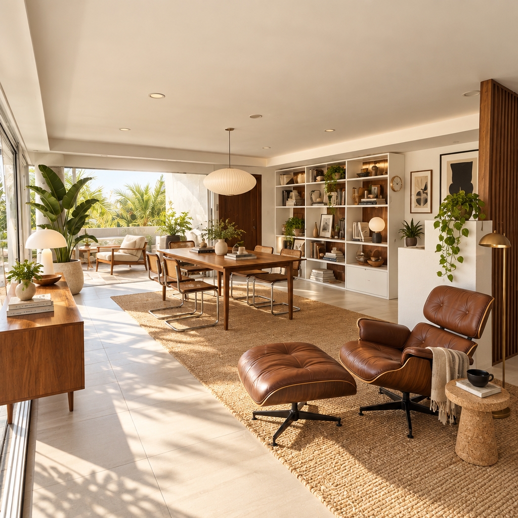 Transform this image into a realistic mid-century modern interior with clean lines, with the white materials, sculptural furniture, bright natural cinematic lighting, that highlights textures of the room. Keep the space photorealistic, like a high-end editorial interior photograph.
