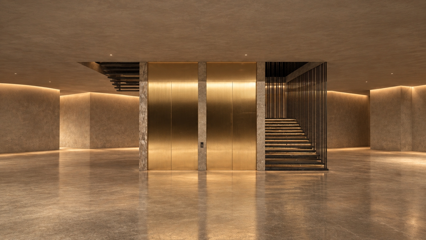 An incredibly lifelike, richly detailed, photorealistic interior shot of a sophisticated lobby core set in a rugged mountain escape. The scene is illuminated by soft, recessed architectural lighting that bounces off the polished surfaces, creating a serene and timeless atmosphere. Captured with a 35mm lens, the focus emphasizes the striking contrast between the luminous, brushed-gold elevator doors and the dark, textured materiality of the adjacent floating staircase, which features slender vertical balusters that mimic the rhythm of an alpine forest. The composition centers on this vertical circulation block, rendered in a palette of warm, earthy neutrals that harmonize with the cabin-inspired aesthetic; the surrounding walls, finished in a matte plaster, suggest a vast, quiet space nestled within a high-altitude sanctuary. Subtle details like the sharp, clean lines of the staircase steps and the deep, reflective luster of the brass-toned metal evoke a sense of luxury, while the surrounding environment is implied through deep, grounding tones and the promise of mountain-inspired decor just beyond the frame. The overall aesthetic is one of elevated, rustic minimalism, where the precision of modern design meets the raw, inviting warmth of a natural mountain retreat, rendered with a depth of field that draws the eye toward the interplay of light and shadow across the refined, textured surfaces.