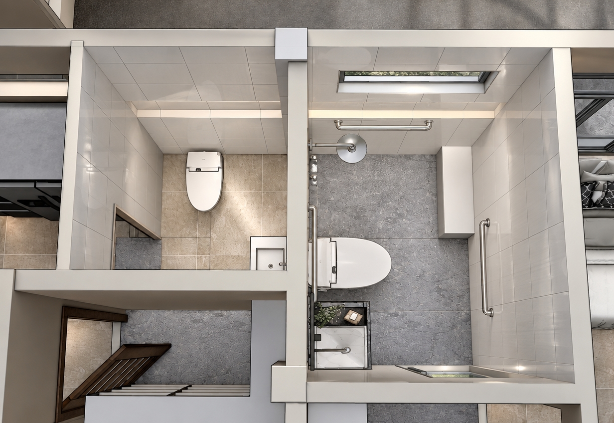 A top-down architectural photograph of the bathroom layout, preserving the exact overhead perspective, geometry, and structural floor plan. The walls are finished in reflective white glossy tiles with fine grout lines and soft specular highlights, framing the built-in shower niche, clear glass window, and glass partition. Diffused daylight filters naturally from above, mingling with soft interior illumination to cast realistic ambient shadows across the textured gray flooring, white porcelain fixtures, and polished chrome hardware. The image features crisp material definitions, gentle falloff, authentic surface reflections, and subtle photographic grain for complete realism.