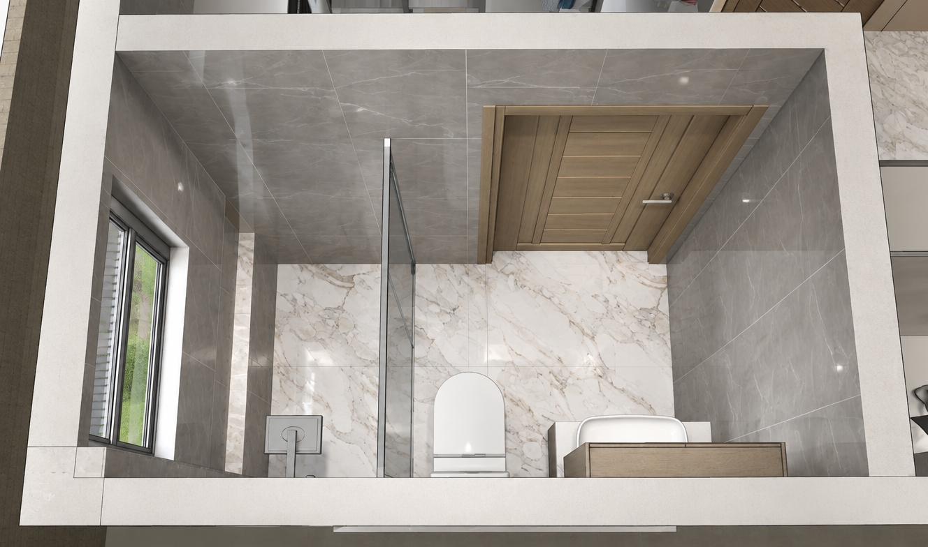 An incredibly lifelike, richly detailed, photorealistic top-down architectural floor-plan perspective of a high-end contemporary bathroom set in a luxury urban apartment. The scene is illuminated by soft, diffused ambient light that catches the subtle sheen of the surfaces, creating a serene and sophisticated atmosphere. Captured with a 35mm wide-angle lens, the image emphasizes the striking contrast between the cool-toned, large-format matte grey wall cladding and the luxurious, white-veined Calacatta marble flooring that flows seamlessly throughout the space. 

The composition highlights a minimalist aesthetic, featuring a sleek, frameless glass partition that elegantly separates the walk-in shower area from the vanity and commode. The polished chrome fixtures glisten under the light, while the clean lines of the custom vanity and the refined textures of the wood-paneled door add layers of warmth and depth. Every element, from the crisp grout lines to the subtle reflection in the window overlooking a lush green terrace, reflects a commitment to precision and contemporary elegance, offering a perfectly organized, tranquil retreat.