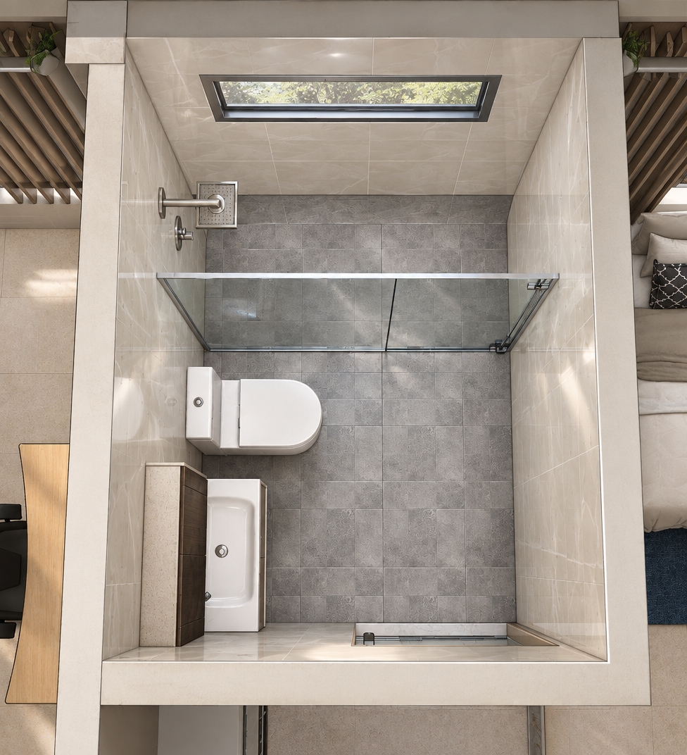 A top-down architectural photograph capturing the exact bathroom layout, featuring sleek glossy wall tiles that reflect soft ambient light, paired with non-reflective matte stone floor tiles. The shower enclosure features clear tempered glass panels with subtle highlights and realistic refraction, complemented by brushed metal fixtures. Soft natural daylight diffuses through the clerestory window, casting gentle shadows across the white ceramic toilet and vanity sink, rendered with sharp overhead focus, balanced exposure, and natural micro-textures throughout.