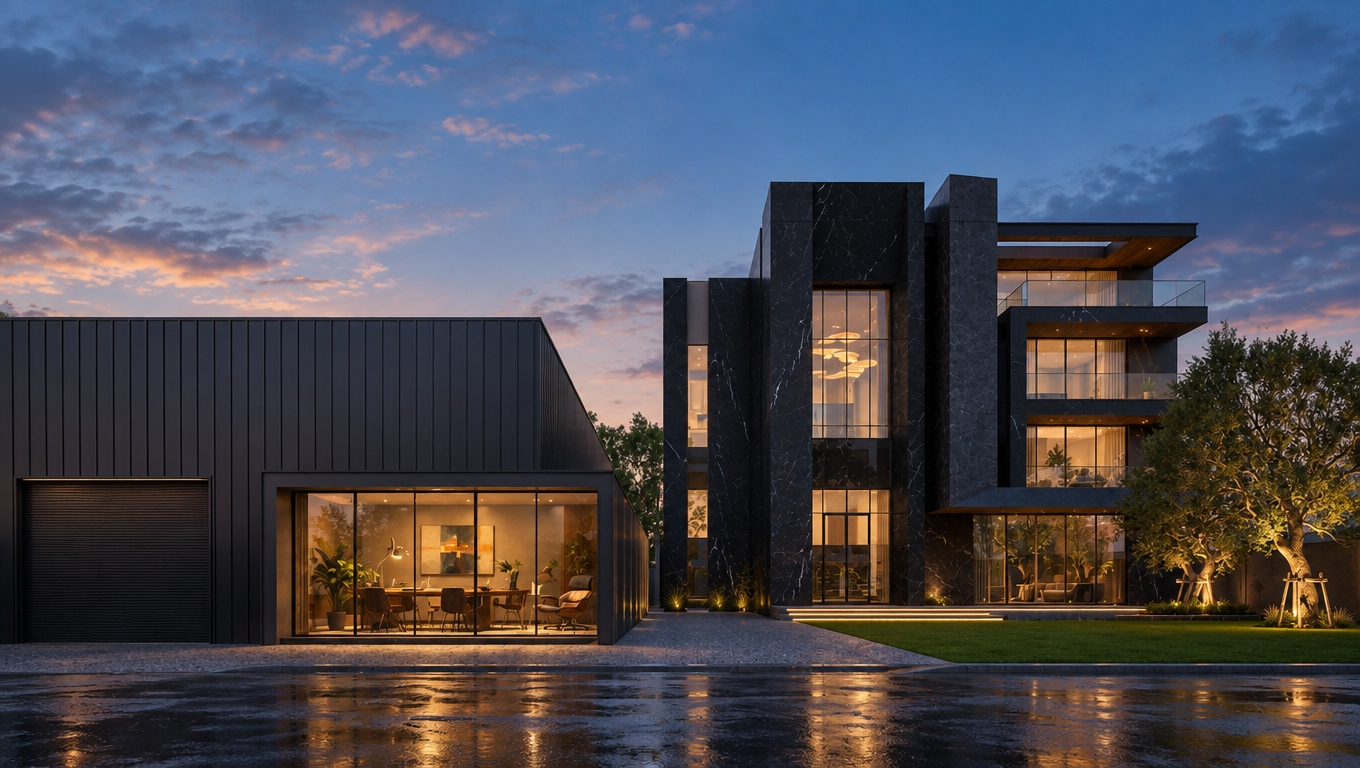 An incredibly lifelike, richly detailed, photorealistic eye-level exterior shot of a contemporary dark-stone villa and adjoining studio set in a quiet, twilight suburban landscape. The scene is illuminated by the soft, diffused glow of dusk and the warm internal light of a home office, creating a sophisticated, tranquil atmosphere. Captured with a 35mm lens, the composition emphasizes the striking contrast between the matte charcoal ribbed steel of the studio and the imposing, polished black marble cladding of the multi-story residence. 

The studio’s floor-to-ceiling glass wall reveals a pristine home office interior, masterfully curated with mid-century modern sensibilities: a sleek walnut desk, iconic teak dining-style chairs, and carefully placed indoor plants. The space is uncluttered and functional, featuring abstract wall art in muted blues and burnt oranges that echo the subtle hues of the twilight sky. The residence itself features deep, linear balconies with frameless glass railings, creating a timeless architectural rhythm. Wisps of soft exterior landscaping, including a sculptural tree illuminated by an uplight, anchor the building to a perfectly manicured lawn, while the wet-look asphalt foreground reflects the deep blue of the evening sky, enhancing the image’s sharp, professional depth of field and premium design aesthetic.