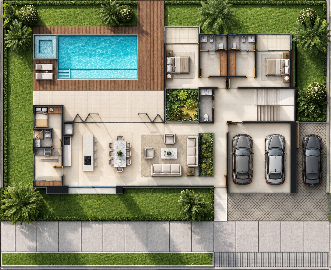 A top-down architectural photograph of the complete floor plan, illuminated by bright, natural daylight casting soft, directional shadows. The interior living areas, bedrooms, and kitchen feature polished light beige porcelain tiles with subtle reflections and realistic grout lines, while the furniture is upholstered in tactile fabrics and leather. The outdoor terrace framing the swimming pool is laid with rich, dark natural wood decking showing grain textures, bordering crystal-clear cyan pool water with gentle surface caustics. Lush, vibrant green grass lawns and textured tropical palm foliage surround the perimeter, alongside a realistic herringbone paver driveway and cleanly textured concrete pavement, all captured in sharp orthographic focus.