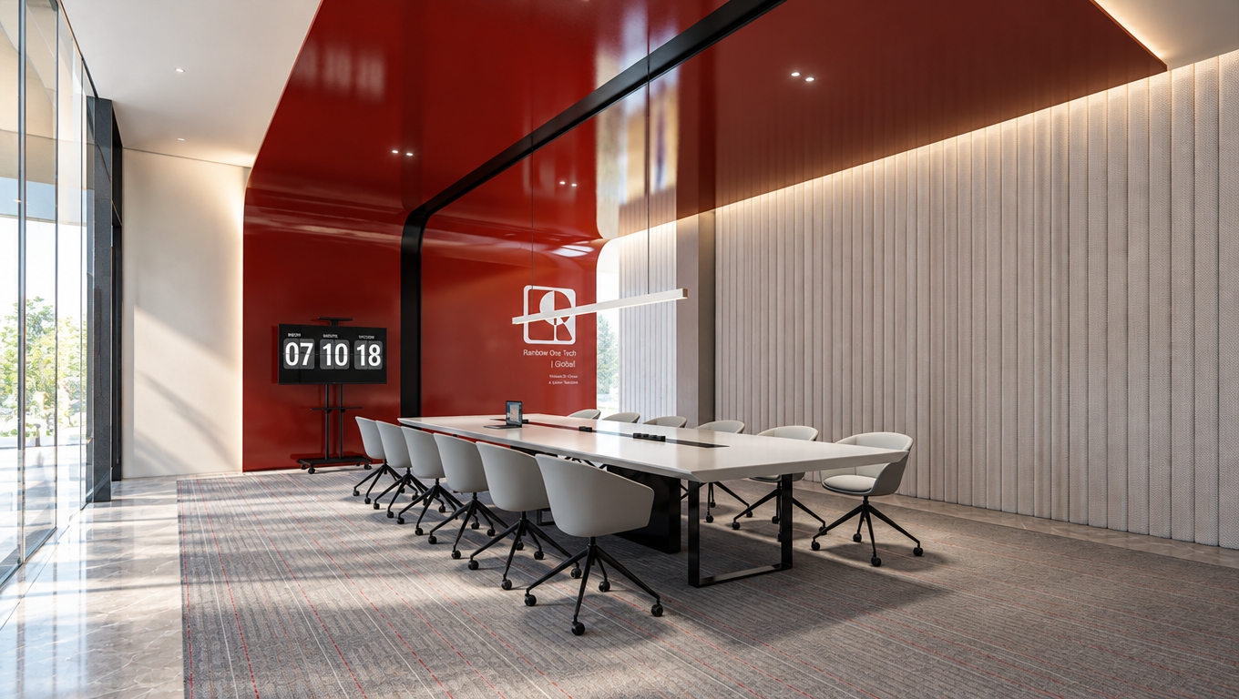 An incredibly lifelike, richly detailed, photorealistic interior perspective of a high-end corporate meeting room set in a minimalist haven. The scene is illuminated by soft, diffused daylight streaming through floor-to-ceiling glass partitions, creating a sophisticated and tranquil midday atmosphere. Captured with a wide-angle 24mm lens, emphasizing the crisp contrast between the high-gloss, deep red lacquered ceiling feature and the textured, vertical-slatted acoustic wall panels.

The room is centered around a sprawling, crisp white boardroom table with a seamless matte finish, surrounded by minimalist, slate-grey ergonomic swivel chairs that cast soft, grounded shadows onto the linear-patterned grey carpeting. The glossy red overhead element curves elegantly into a black transition frame, reflecting the clean lines of the thin, modern LED pendant light suspended above. A sleek, wall-mounted digital flip-style clock adds a touch of retro-industrial charm against the bold scarlet backdrop, while the subtle grey marbling of the adjacent corridor floor hints at the premium material palette throughout the space. The composition feels perfectly balanced, exuding a sense of quiet productivity and cutting-edge corporate design.