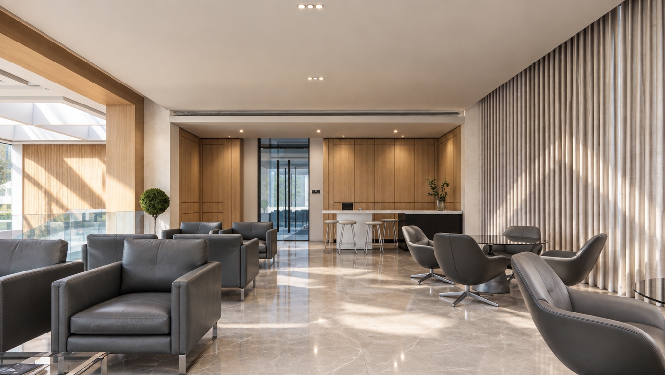 An incredibly lifelike, richly detailed, photorealistic wide-angle shot of a sophisticated contemporary lounge set in a high-end corporate or boutique hotel coffee shop environment. The scene is illuminated by soft, natural midday spring sunlight streaming in from the left, creating a warm, airy, and inviting atmosphere that gently highlights the subtle veining in the oversized stone floor tiles. Captured with a professional 35mm tilt-shift lens, the image emphasizes the rich, organic grain of the floor-to-ceiling white oak paneling and the supple, tactile quality of the charcoal-grey leather upholstery.

The composition centers on a seamless flow between the intimate seating nooks and a refined service counter. A polished marble-topped bar with slender, minimalist stools serves as a clean anchor, while floor-to-ceiling pleated curtains add a sense of vertical rhythm and softness to the space. Subtle shadows cast by the recessed LED lighting fixtures provide depth, while soft, natural reflections dance across the glass-topped café tables. A single manicured topiary adds a touch of fresh, organic life, perfectly contrasting against the sharp, clean lines of the architectural joinery to evoke a sense of quiet, contemporary elegance.