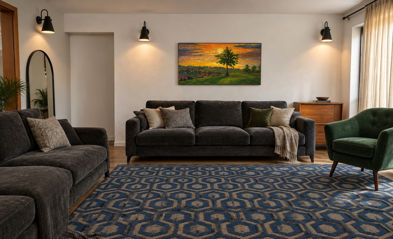 An incredibly lifelike, richly detailed, photorealistic interior shot of a sophisticated modern fusion living room set in an urban apartment. The scene is illuminated by the soft, directional glow of matte black industrial wall sconces and natural light filtering through sheer, warm-toned curtains, creating a refined and cozy atmosphere. Captured with a 35mm wide-angle lens, the composition highlights a deep charcoal velvet sofa, draped with a soft, tactile throw, paired with a sleek, forest-green button-tufted accent chair set atop a bold, geometric blue-and-tan area rug.

The walls are finished in a crisp, gallery-white plaster, providing a clean canvas for a striking piece of landscape art that injects vibrant sunset hues into the room. A warm, honey-toned wooden side table adds a touch of natural organic warmth, grounding the industrial-inspired lighting and sleek, modern lines. The layout is open and inviting, with a large, arched floor mirror on the left reflecting depth into the space. A subtle hint of lush greenery peeks in from the corner, completing this curated, contemporary retreat that perfectly balances minimalist structure with rich, textured comfort.