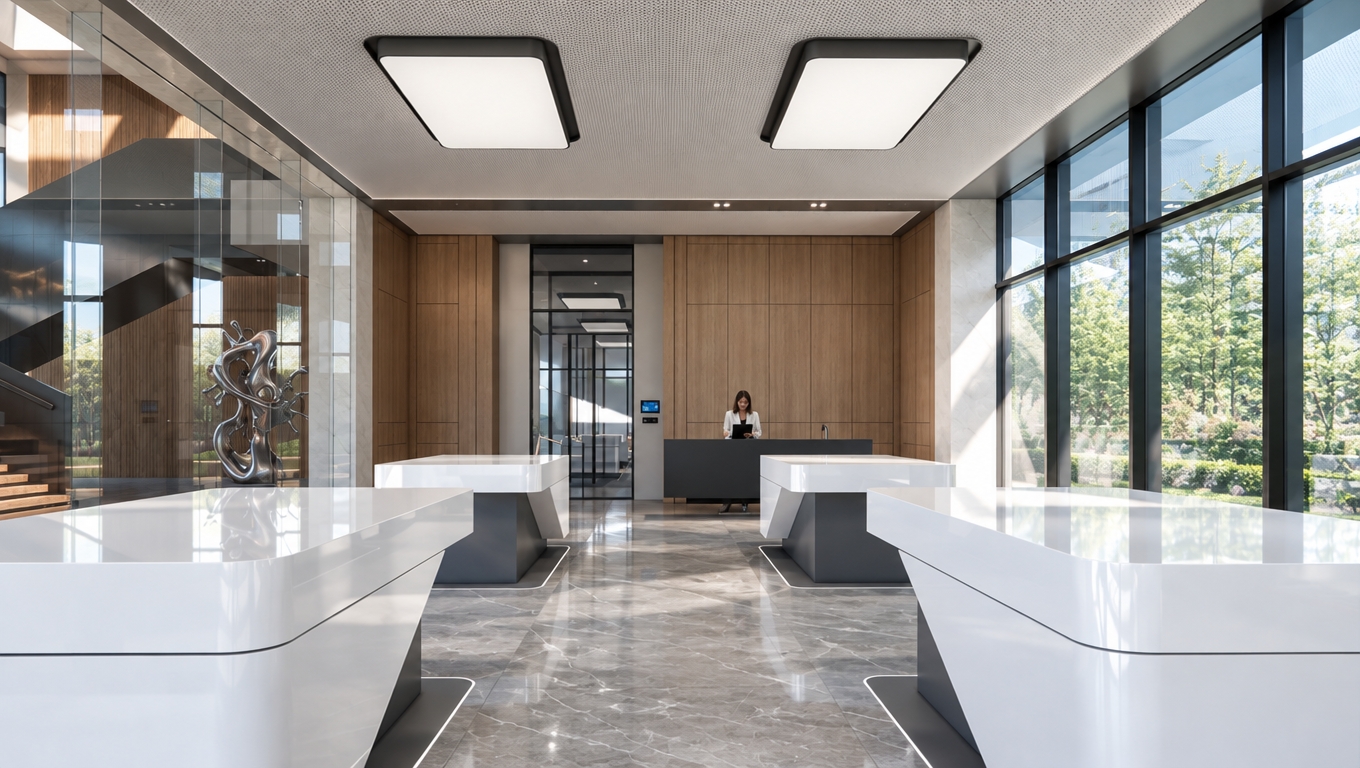 An incredibly lifelike, richly detailed, photorealistic wide-angle interior shot of a contemporary exhibition hall set in a serene, professional corporate complex during a bright spring midday. The scene is illuminated by soft, diffused daylight streaming through floor-to-ceiling glass partitions, creating a pristine, minimalist atmosphere. Captured with a 24mm tilt-shift lens, emphasizing the crisp contrast between the high-gloss white surfaces of the central podiums and the matte, warm-toned oak wall paneling.

The composition centers on a balanced, symmetrical layout, where the cool, grey marble-effect porcelain flooring grounds the space, reflecting the subtle glow of the overhead recessed lighting panels. To the left, a transparent glass enclosure reveals a glimpse of a sophisticated staircase and a sculptural metallic art piece, while the right side is dominated by a wall of high-performance tinted glazing that blurs the lush, verdant greenery of the outside gardens. The far wall, finished in seamless vertical grain wood, provides a rich, organic anchor to the minimalist aesthetic, housing a sleek, dark reception console where a professional staff member is positioned. Every element—from the fine, micro-perforated texture of the suspended ceiling tiles to the precise, sharp edges of the white display islands—exudes a sense of architectural refinement, depth, and deliberate quietude, characteristic of a high-end commercial design gallery.