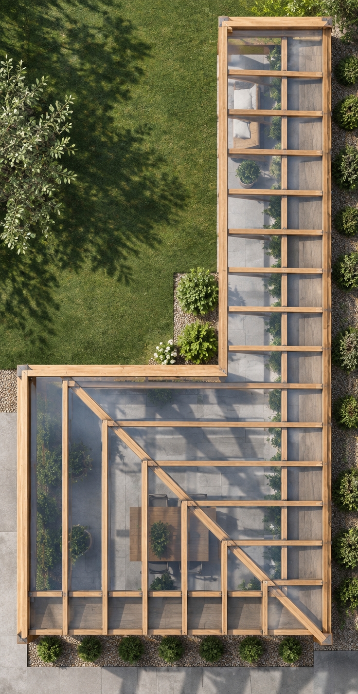 Crisp top-down architectural photograph of the L-shaped pergola structure, precisely maintaining the overhead framework and beam geometry. The structural beams feature realistic natural timber textures supporting subtly reflective clear panels. Balanced natural daylight from above casts soft, realistic directional shadows beneath the rafters, captured with edge-to-edge sharpness, a neutral color temperature, and fine surface micro-details using a clean architectural lens.