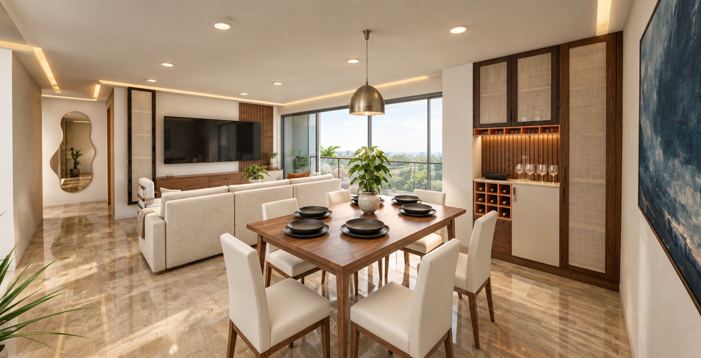 An incredibly lifelike, richly detailed, photorealistic interior shot of a sophisticated open-plan living and dining area set in a sun-drenched, airy mid-century modern residence. The scene is illuminated by soft, diffused midday light filtering through large floor-to-ceiling glass doors, creating a warm, inviting, and tranquil atmosphere. Captured with a professional 35mm lens, emphasizing the crisp textures of polished walnut wood, sleek cream upholstery, and the organic grain of the teak dining set.

The composition centers on an elegant, uncluttered dining area where minimalist white chairs surround a warm-toned wooden table, perfectly positioned beneath a brushed-metal pendant light. To the right, a custom floor-to-ceiling storage unit features deep walnut framing and integrated open-grid wine shelving, providing a functional, architectural anchor to the space. In the background, the living area flows seamlessly, featuring a low-profile sofa, clean linear cabinetry, and a striking, asymmetrical floor mirror that adds an organic touch. The walls are adorned with bold, abstract wall art in moody blues, which contrast beautifully against the earthy, neutral palette and soft orange accents of the cabinetry. Indoor greenery brings a fresh, vibrant vitality to the space, highlighting the timeless, functional design that defines this mid-century inspired sanctuary.