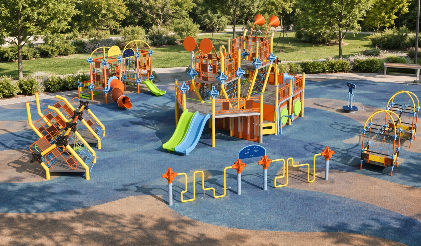 An incredibly lifelike, richly detailed, photorealistic landscape photo of an expansive modern playground set in a tranquil outdoor park garden and minimalist haven. The scene is illuminated by bright, natural sunlight filtering across the grounds, creating a warm, vibrant, and welcoming atmosphere. Captured with a professional full-frame camera and a wide-angle 35mm lens, emphasizing the sleek brushed aluminum framework, durable powder-coated yellow and orange railings, smooth composite slides in bright lime green and sky blue, and the resilient, textured safety flooring below. Soft, natural shadows fall over the meticulously arranged climbing structures, ramps, and sensory elements, all seamlessly integrated into a serene park landscape flanked by manicured green lawns and soft surrounding foliage.