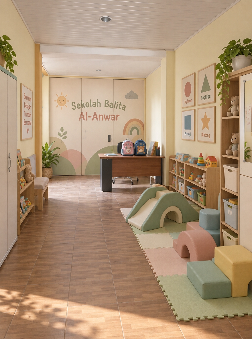 A wide-angle interior photograph captures the transformed toddler center, preserving the exact room proportions, floor tiles, ceiling, and camera perspective. In the background, the open counter area is concealed behind a full-height, soft pastel-toned sliding partition door featuring gentle lettering that reads "Sekolah Balita Al-Anwar". The wooden desk remains centrally positioned, neatly arranged with children’s backpacks. The foreground and right side are re-envisioned as a tidy indoor play area featuring soft foam play equipment and understated educational wall prints displaying simple shapes and muted colors. The space is illuminated by warm, diffused natural daylight entering from the foreground, creating gentle shadows, soft highlights across the floor, subtle matte finishes, and authentic photographic depth with faint lens distortion and natural room grain.
