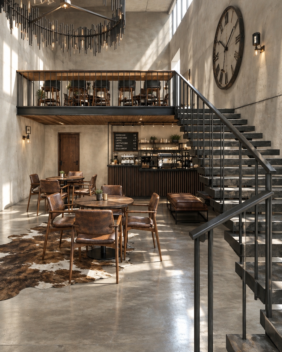 An incredibly lifelike, richly detailed, photorealistic interior shot of a sophisticated industrial loft coffee shop set in a bustling urban district. The scene is illuminated by soft, natural midday light streaming through high clerestory windows, creating a bright yet textured atmosphere with deep, dramatic shadows. Captured with a 35mm lens, emphasizing the tactile contrast between cool polished concrete flooring and the warm, weathered patina of reclaimed wood tables.

The space is defined by its rugged, warehouse-inspired architecture, featuring striking matte black metal staircases and railings that cut sharp geometric lines across the composition. A colossal, vintage-inspired wall clock serves as a focal point on the expansive, minimalist wall, anchoring the loft’s airy verticality. Below the mezzanine, the seating area is thoughtfully curated with mid-century modern chairs upholstered in distressed tobacco leather, arranged over a soft, cowhide-patterned rug that breaks the expanse of the gray flooring. Overhead, an intricate, fringe-like chandelier casts elegant, spindly shadows, while the background reveals an exposed bar counter accented with black steel shelving, completing a design that perfectly balances raw, industrial elements with refined, contemporary comfort.