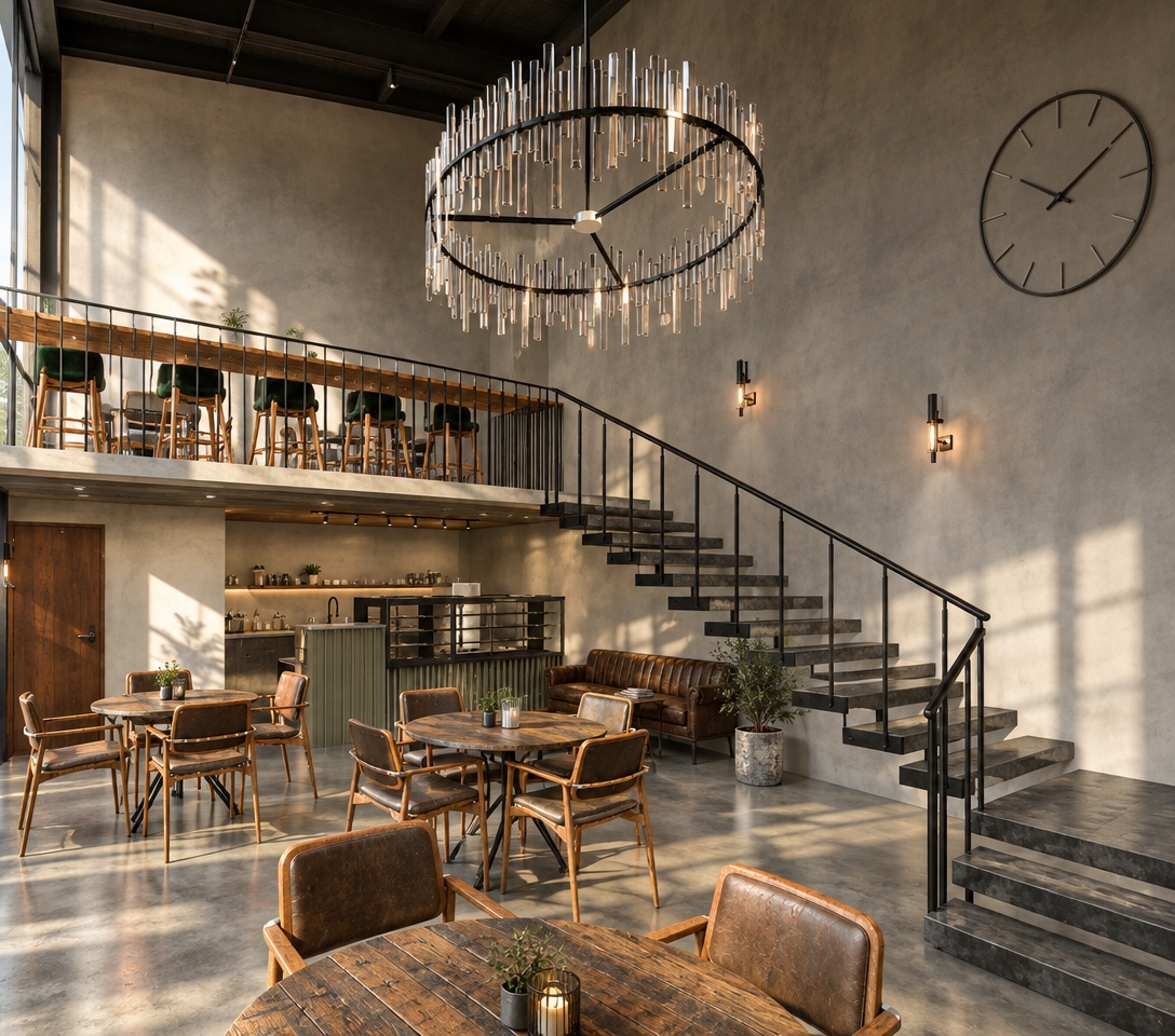 An incredibly lifelike, richly detailed, photorealistic interior shot of a sophisticated industrial-style coffee shop set in a repurposed urban loft. The scene is illuminated by soft, natural midday light streaming through expansive windows, creating a spacious, airy atmosphere that highlights the contrast between the polished concrete flooring and the matte black structural elements. Captured with a 35mm lens, emphasizing the rich textures of the reclaimed wood tabletops, the weathered leather of the vintage sofa tucked beneath the stairs, and the sleek, rhythmic silhouettes of the metal-framed chairs.

The space is anchored by a dramatic, tiered circular chandelier that cascades like glass rain above the central seating area. Architectural depth is defined by the commanding open-riser staircase, featuring a minimalist black steel railing that leads to an elevated mezzanine level populated with intimate bar seating. Raw, warehouse-inspired aesthetics are softened by the warm rust-toned accents of the wooden furniture and the subtle greenery of a potted plant, while a large, minimalist wall clock serves as a focal point against the expansive, neutral gallery-toned walls. The composition perfectly balances the vertical energy of the staircase with the grounded, organic arrangement of the cafe tables, evoking the atmosphere of a curated architectural photography book.