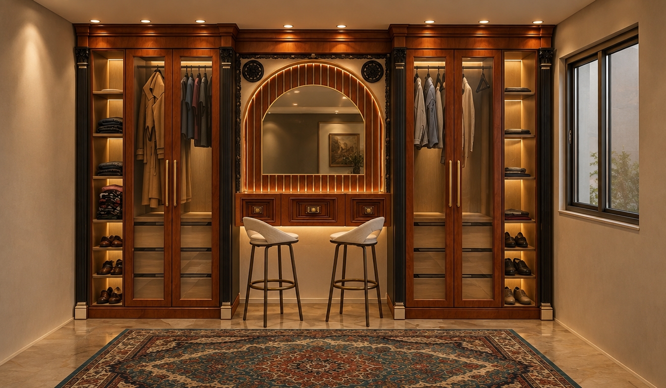 An incredibly lifelike, richly detailed, photorealistic eye-level interior shot of a sophisticated walk-in closet set in a luxurious, bohemian-inspired suite. The scene is illuminated by soft, warm recessed ceiling lighting and a gentle, ambient golden glow emanating from hidden LED strips integrated into the vanity backsplash, creating an inviting, high-end atmosphere. Captured with a 35mm lens, emphasizing the rich, polished grain of the cherry wood cabinetry, the crisp reflections in the central arched mirror, and the intricate, vibrant weave of the traditional Persian rug centered on the floor. 

The composition maintains the exact geometry of the original layout, showcasing symmetrical floor-to-ceiling wardrobes framed by classic black fluted columns with ornate crown molding. The glass-fronted closets display neatly organized garments and structured shelving, while the central vanity area serves as the focal point with its elegant arched mirror, vertical wood slats, and two sleek, modern bar stools. The light reflects subtly off the polished surfaces, casting soft, realistic shadows that define the depth of the cabinetry and the spatial relationship between the functional storage zones and the vanity. The entire space exudes an air of refined, timeless elegance, where the warmth of the wood and the softness of the lighting harmonize to create a truly luxurious dressing experience.