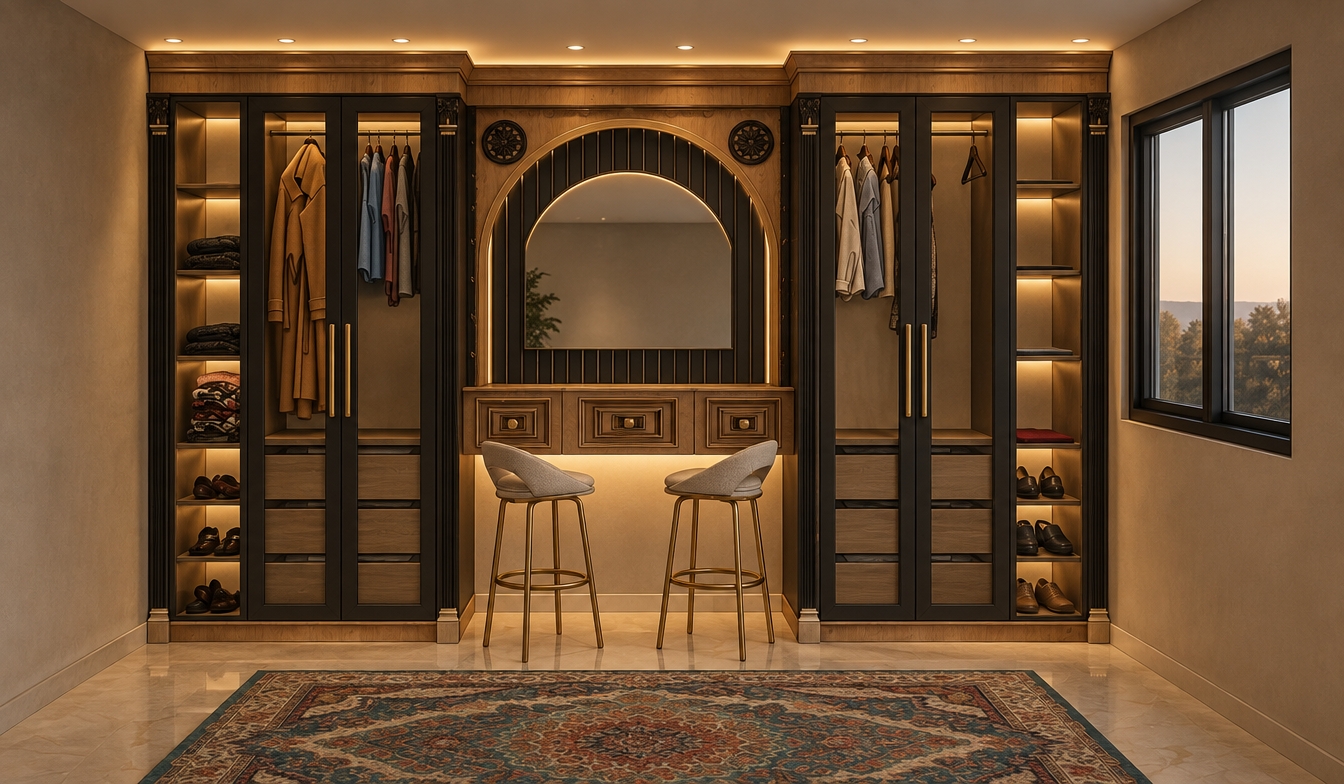An incredibly lifelike, richly detailed, photorealistic eye-level interior shot of a sophisticated walk-in closet set in a luxurious, bohemian-inspired master suite. The scene is illuminated by subtle, warm LED cove lighting recessed into the crown molding and beneath the central vanity, creating a soft, inviting, and high-end atmosphere. Captured with a 35mm lens, emphasizing the rich wood grain of the cabinetry, the polished matte-black finish of the glass-door frames, and the intricate textures of the traditional medallion area rug.

The composition centers on a bespoke, neoclassical-inspired cabinetry unit featuring symmetry and grandeur. Two tall, glass-fronted wardrobes frame a central arched vanity station, which mirrors the room's elegant aesthetic with its refined paneling. The vanity is accompanied by two sleek, contemporary bar stools, their brushed metal legs and upholstered seats providing a subtle contrast to the opulent wood-and-black wardrobe architecture. The lighting casts gentle, diffused glows across the interior shelves, highlighting the orderly hanging garments and folded fabrics, while delicate shadows add depth and a sense of architectural volume. The polished, light-reflective floor beneath the vibrant bohemian rug emphasizes the airy, expansive nature of the room, grounding the design in an atmosphere of refined, quiet luxury.