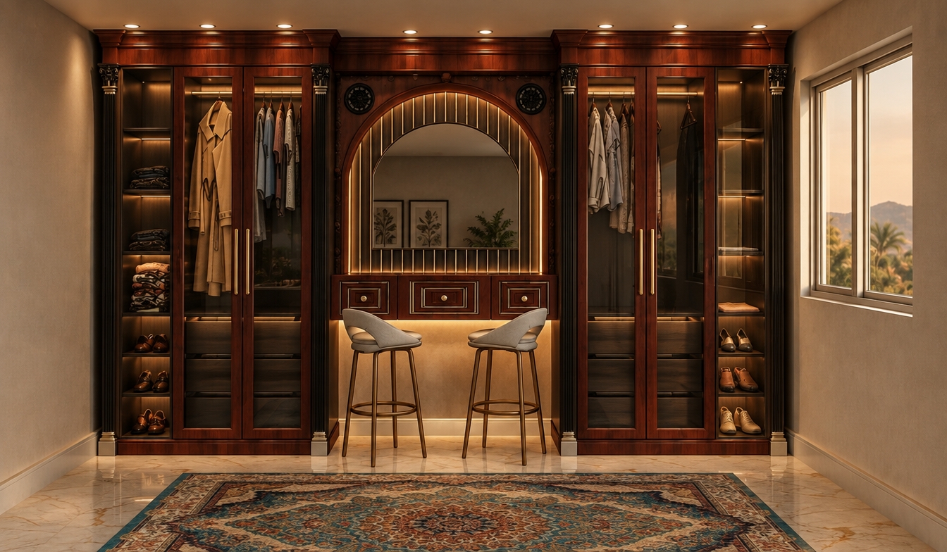 An incredibly lifelike, richly detailed, photorealistic interior shot of a sophisticated walk-in closet set in a bohemian oasis. The scene is illuminated by warm, ambient hidden LED strip lighting tucked beneath the vanity console and recessed ceiling spots, creating a luxurious and serene atmosphere. Captured with a 35mm wide-angle lens, emphasizing the deep, polished mahogany wood grain of the cabinetry, the intricate carvings on the neoclassical columns, and the soft, textured fibers of the ornate Persian rug. 

The composition centers on the symmetrical wardrobe arrangement, where the rich, cherry-toned woodwork contrasts beautifully against the matte black structural accents. The central vanity features a graceful arched mirror framed in dark wood, reflecting the warm glow of the interior lighting. Below, the floating vanity console with its three sleek drawers provides a refined focal point, flanked by two contemporary minimalist stools. The glass-fronted wardrobe sections reveal meticulously organized garments and accessories, with the glass surfaces exhibiting a subtle, soft-focus reflection. The marble flooring beneath the intricate rug adds a final touch of opulence, with the entire space anchored by the clean, architectural precision of the original design, rendered in a crisp, high-end photographic quality that highlights the rich interplay of shadows and warm light.