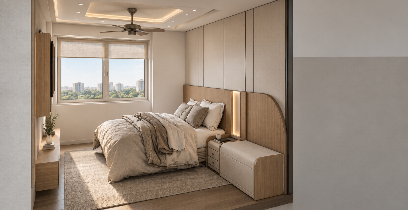 A photorealistic architectural photograph preserving the exact cutaway bedroom perspective and layout, bathed in soft, warm daylight mixed with subtle 3000K recessed ceiling illumination. Surfaces feature realistic tactile materials, including natural linen bedding with soft organic wrinkles, fine-grain oak veneer on the headboard and curved cabinetry, smooth matte walls, and subtle reflections on the window glass. Captured with an architectural lens, showcasing natural depth, rich ambient shadows, clean modern minimalism, and gentle film grain.