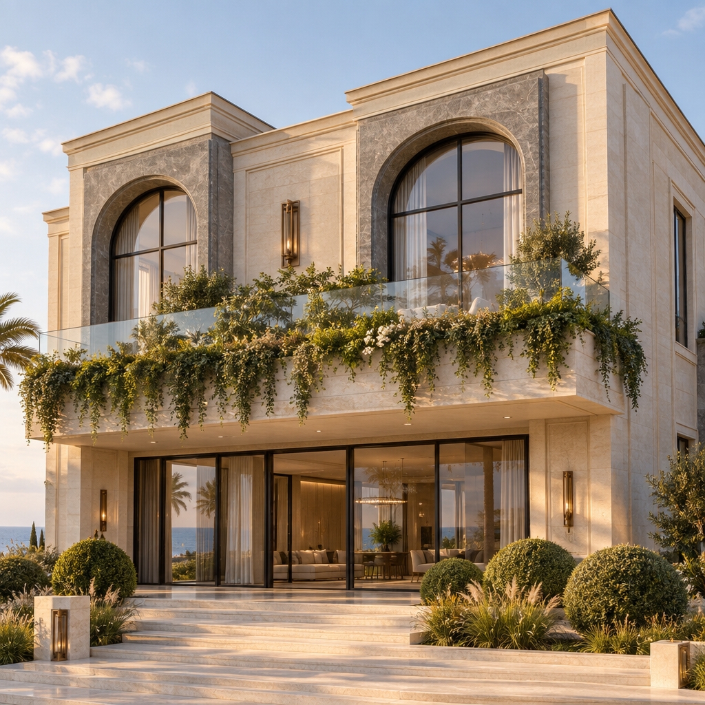An incredibly lifelike, richly detailed, photorealistic eye-level perspective of a grand, neoclassical-inspired luxury villa set in a serene, sun-drenched coastal environment. The scene is illuminated by the soft, golden-hued light of late afternoon, creating a tranquil and prestigious atmosphere. Captured with a 35mm tilt-shift lens to ensure perfect vertical alignment, the image emphasizes the refined textures of ivory limestone and the subtle, metallic shimmer of bronze-finished accents.
The architecture displays a masterful blend of modern clean lines and neoclassical grandeur. Two symmetrical, monumental arched window bays dominate the upper stories, framed in textured grey stone that provides a sophisticated contrast to the pristine, smooth-finish ivory walls. A sprawling, cantilevered balcony on the second floor serves as a lush sanctuary, featuring a dense, cascading arrangement of vibrant greenery that spills over the sleek, frameless glass balustrade.
The ground level is designed with an emphasis on seamless indoor-outdoor living. Imposing, floor-to-ceiling black-framed sliding glass doors invite the coastal breeze into the residence, revealing glimpses of warm, minimalist interiors. The base of the building is anchored by wide, tiered limestone steps leading to the entrance, flanked by meticulously manicured spherical shrubs and soft, ornamental grasses that soften the geometric edges of the facade.
Every detail is rendered with high-fidelity precision: the fine grain of the limestone, the crisp reflections in the expansive glazing, and the delicate play of long, soft shadows cast across the terrace. The composition is perfectly balanced, conveying a sense of timeless luxury and architectural harmony. The scene feels alive, as if captured in a moment of quiet perfection, where the polished stone meets the natural beauty of the landscape under a clear, pale-blue sky.