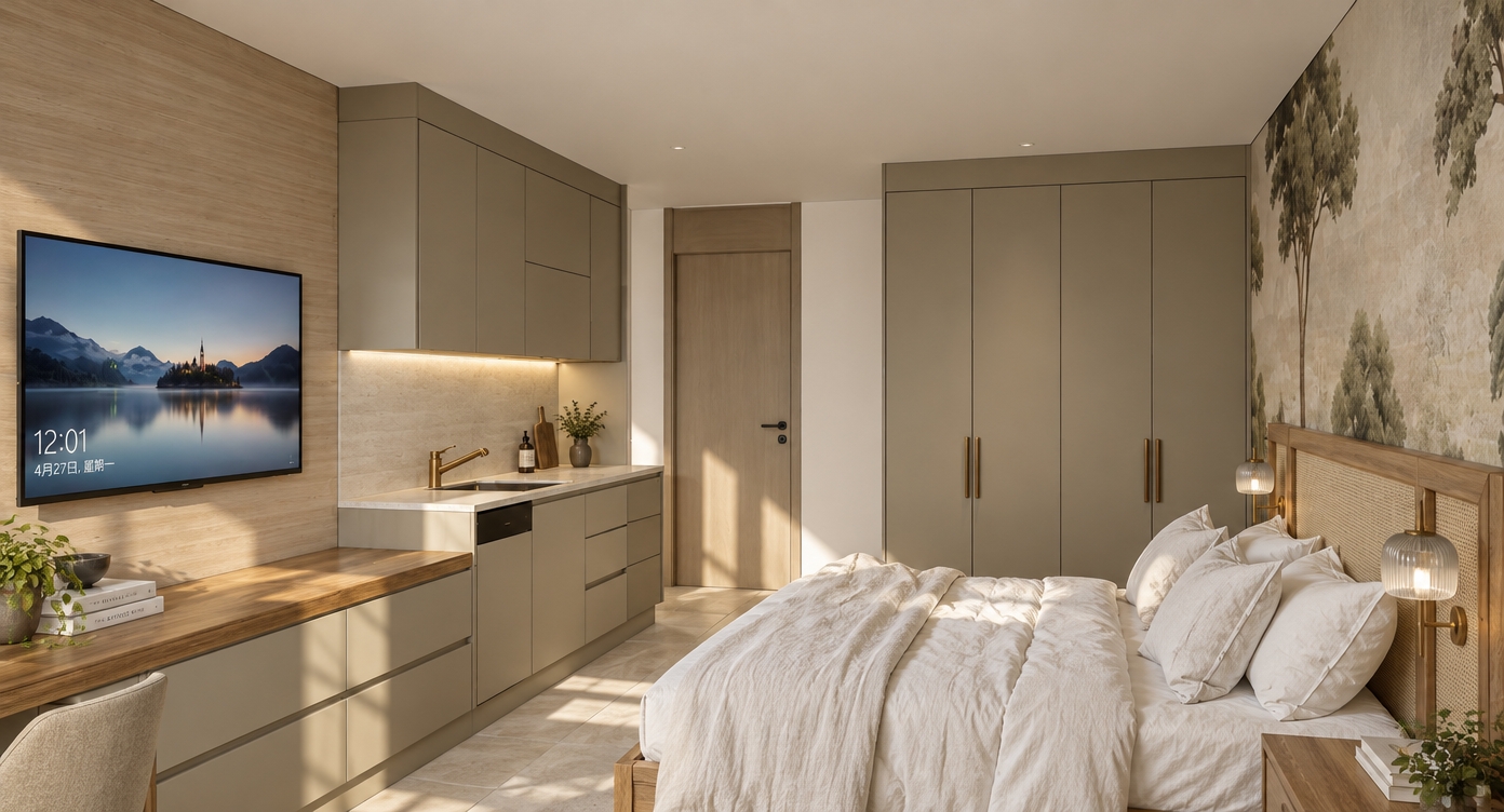 An architectural interior photograph of the contemporary studio apartment bathed in clear, bright midday spring sunlight, strictly preserving the exact room layout, framing, and geometry. Natural daylight softly illuminates the space, casting gentle shadows and highlighting realistic textures across the matte taupe cabinetry, flush wardrobe doors, and warm wood-grained countertops. The rumpled white linen bedding displays natural fabric creases and soft folds, while the landscape mural on the right wall exhibits a subtle, tactile wallpaper finish. Soft ambient light reflects off the brushed brass fixtures, glass bedside sconces, and semi-reflective TV screen, captured crisply on a professional wide-angle lens with balanced exposure and lifelike material fidelity.