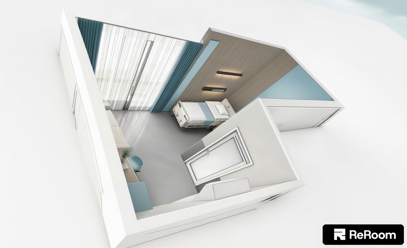 An incredibly lifelike, richly detailed, photorealistic top-down architectural floor plan shot of a modern hospital suite set in a serene, high-end medical wellness facility. The scene is illuminated by soft, diffused daylight streaming through floor-to-ceiling glass, creating a calm, minimalist, and restorative atmosphere. Captured with a professional wide-angle lens, emphasizing the seamless integration of sterile utility and hotel-like comfort, featuring a smooth, industrial-grade matte gray linoleum floor that anchors the space.
The layout is meticulously organized for both patient comfort and clinical efficiency. To the left, a plush, neutral-toned sofa is framed by deep teal floor-to-ceiling curtains, providing a soft contrast to the crisp, clean lines of the room. A sleek, compact workstation sits nearby, finished in warm wood grain and accented with soft blue cabinetry. The patient zone features a pristine, ergonomically designed bed with fresh white linens, positioned against a feature wall paneled in sophisticated gray wood tones with integrated sleek black lighting fixtures. A vibrant, light-blue accent wall adds a touch of tranquil color, bridging the gap between clinical functionality and a boutique hotel aesthetic. The perspective highlights the intuitive flow of the room, with high-quality finishes and precise spatial relationships that prioritize accessibility and a sense of openness, making the space feel like a modern, minimalist haven for recovery.