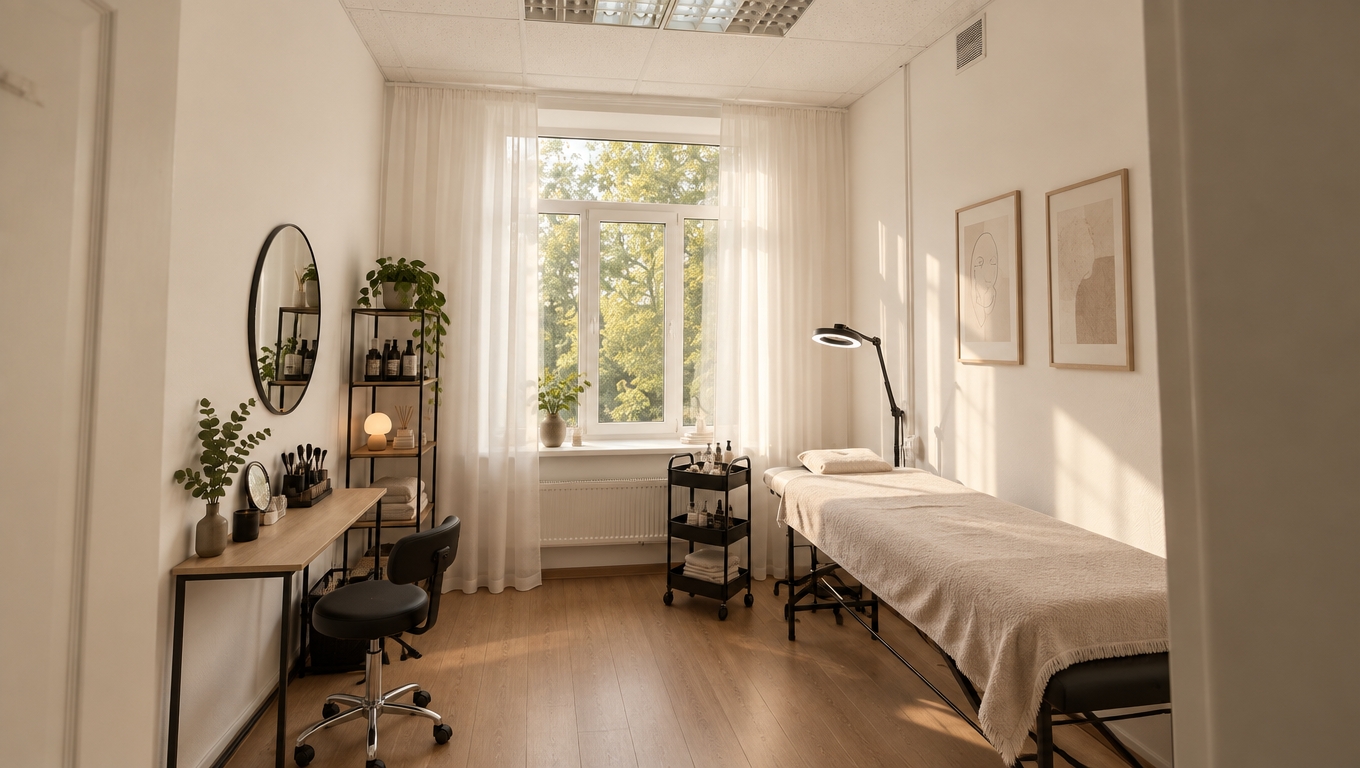 Minimalist beauty studio interior, room 2.8 x 3.5 meters.
White walls, warm wooden floor, high white ceiling.
Large window centered on the far wall with sheer white floor-length
curtains, green courtyard visible outside.
On the right along the wall — a black massage bed covered with a
light powder-colored blanket, head towards the window. Next to it —
a black magnifying lamp on a stand.
On the left along the wall — a small light wood work table with
minimal tools, a black stool in front of it. Near the window —
a neat black rolling trolley with supplies.
The center of the room is completely empty. On the wall —
a round mirror in a thin black frame. Warm soft lighting,
calm and clean atmosphere. Style: Scandinavian minimalism,
Japanese wabi-sabi, beauty salon aesthetic.
Color palette: white, warm beige, light wood, black accents.
Photorealistic, natural lighting, view from the entrance, wide angle.