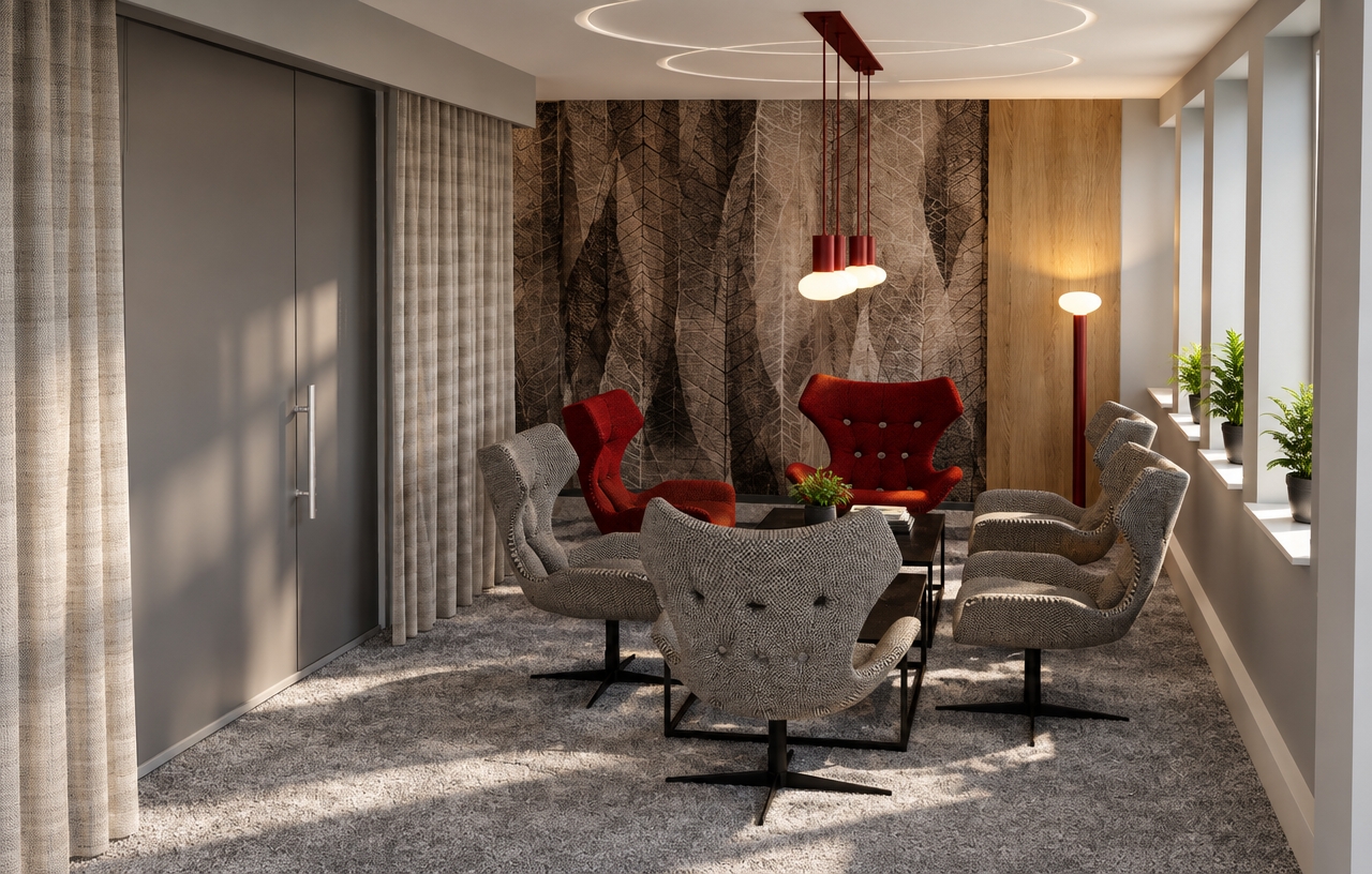 An architectural interior photograph of the modern seating lounge, captured at spring midday with crisp, natural daylight pouring through the side windows to cast soft, directional highlights across the textured gray carpet and furnishings. The red pendant fixtures and corner lamp provide a warm, balanced secondary glow against the detailed botanical mural and natural oak paneling. Shot on a professional full-frame lens with sharp depth of field, the image highlights authentic material micro-textures—from the woven fabric of the gray swivel armchairs and tufted red velvet to the matte cabinetry—grounded with realistic exposure, subtle lens vignetting, and natural shadows.