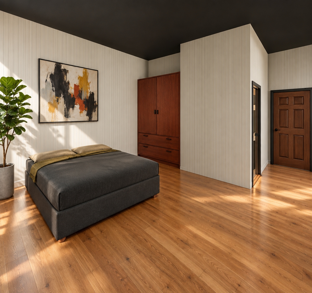 An incredibly lifelike, richly detailed, photorealistic interior shot of a contemporary master bedroom set in a bright, airy urban apartment during a crisp spring midday. The scene is illuminated by soft, natural light streaming in from an unseen window, creating a serene and clean atmosphere. Captured with a 35mm wide-angle lens, the image emphasizes the rich, organic grain of the honey-toned hardwood flooring contrasting against the sleek, matte charcoal upholstery of the platform bed. 

The walls are treated with a sophisticated, textured off-white vertical paneling that draws the eye upward to a dramatic, matte-black ceiling, grounding the room in a modern fusion aesthetic. A bold, custom-built modular wardrobe in deep cherry-wood tones provides a warm geometric anchor, while minimalist black-framed doors lead into adjacent spaces, maintaining an open-concept flow. Minimal yet impactful décor includes a piece of abstract, expressive wall art that introduces vibrant, energetic brushstrokes to the neutral palette. Tucked into the corner, a lush, vibrant green fiddle-leaf fig breathes life into the space, its glossy leaves catching the afternoon glow and softening the industrial-inspired architectural lines. The composition is balanced and spacious, with every metallic fixture and smooth surface rendered with high-fidelity precision, evoking the curated elegance found in a high-end photography book.