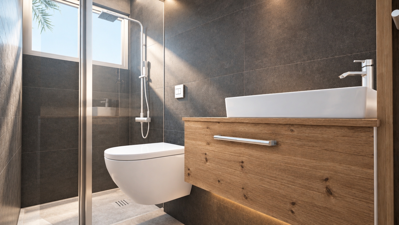 An incredibly lifelike, richly detailed, photorealistic medium-angle interior shot of a sophisticated contemporary bathroom set in a sun-drenched coastal residence. The scene is illuminated by crisp, natural midday sunlight streaming through a high-set window, creating a serene and airy atmosphere balanced by the warm, gentle glow of concealed LED accent lighting beneath the vanity. Captured with a 35mm lens, the image emphasizes the rich, tactile contrast between the deep, dark charcoal porcelain wall tiles—laid in a perfect, uniform bond—and the organic, warm-toned wood grain of the cantilevered floating vanity. The composition centers on the pristine, minimalist white vessel sink and sleek white wall-mounted toilet, which appear strikingly clean against the matte dark backdrop, while the seamless, transparent glass shower enclosure reflects the soft diffusion of the morning light. Every surface is rendered with high-fidelity textures, from the subtle, realistic pores of the timber cabinet to the polished chrome finishes of the modern rainfall shower head and faucet. Ambient occlusion creates delicate, soft-edged shadows in the corners and beneath the sanitary fixtures, grounding the room in physical reality while maintaining a premium, minimalist aesthetic that feels both tranquil and architecturally refined.