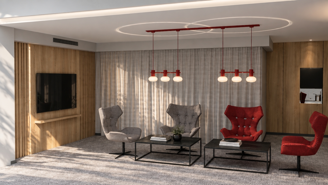 A photorealistic architectural photograph of the modern lounge interior illuminated by clear, bright midday spring sunlight filtering in, softened by the warm glow of the suspended red pendant fixtures. The composition and framing remain identical, capturing the natural weave and tactile tufting of the grey and red swivel armchairs, alongside the subtle texture of the low-pile grey carpeting. The light oak wood wall panels show authentic grain, satin sheen, and micro-reflections, while the matte black metal coffee tables display crisp specular highlights and soft contact shadows. The ceiling features realistic photometric light distribution and soft ambient occlusion, complemented by subtle lens distortion, realistic material depth, and fine photographic grain.